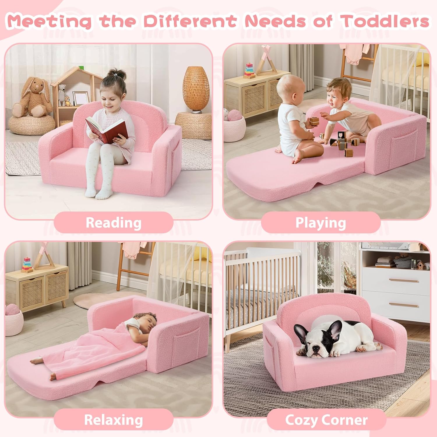 Extra Wide Kids Couch, 2-in-1 Soft Toddler Couch with Blanket, Comfy Toddler Chair, Convertible Sofa with Cute Rainbow Design, Pink - Image 4