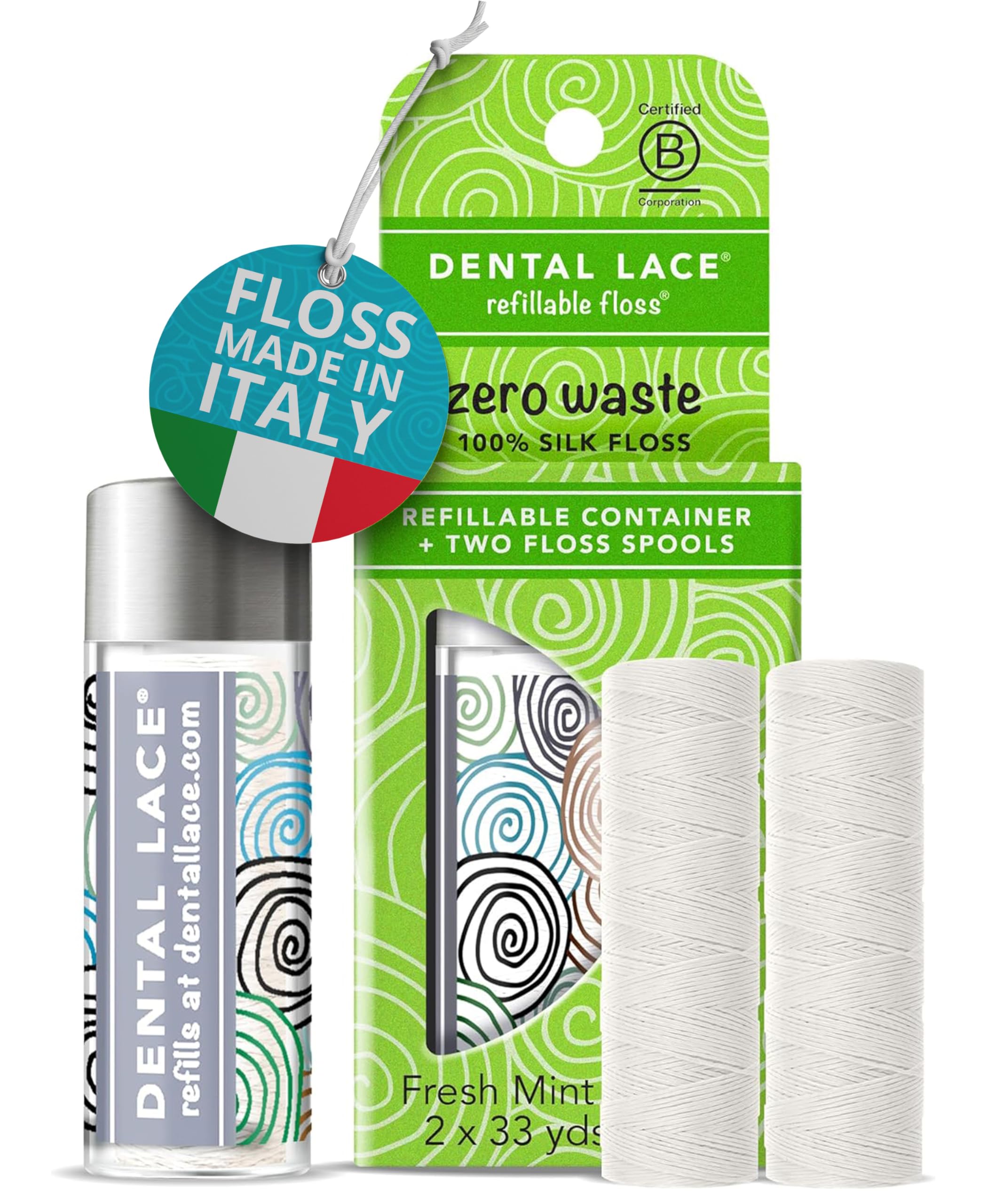 Dental Lace Refillable Silk Dental Floss – 100% Silk Floss with Mint Flavor, PFAS & PTFE Free – Includes 1 Refillable Glass Floss Container and 2 Spools (Total 66 Yards) – Recyclable Packaging