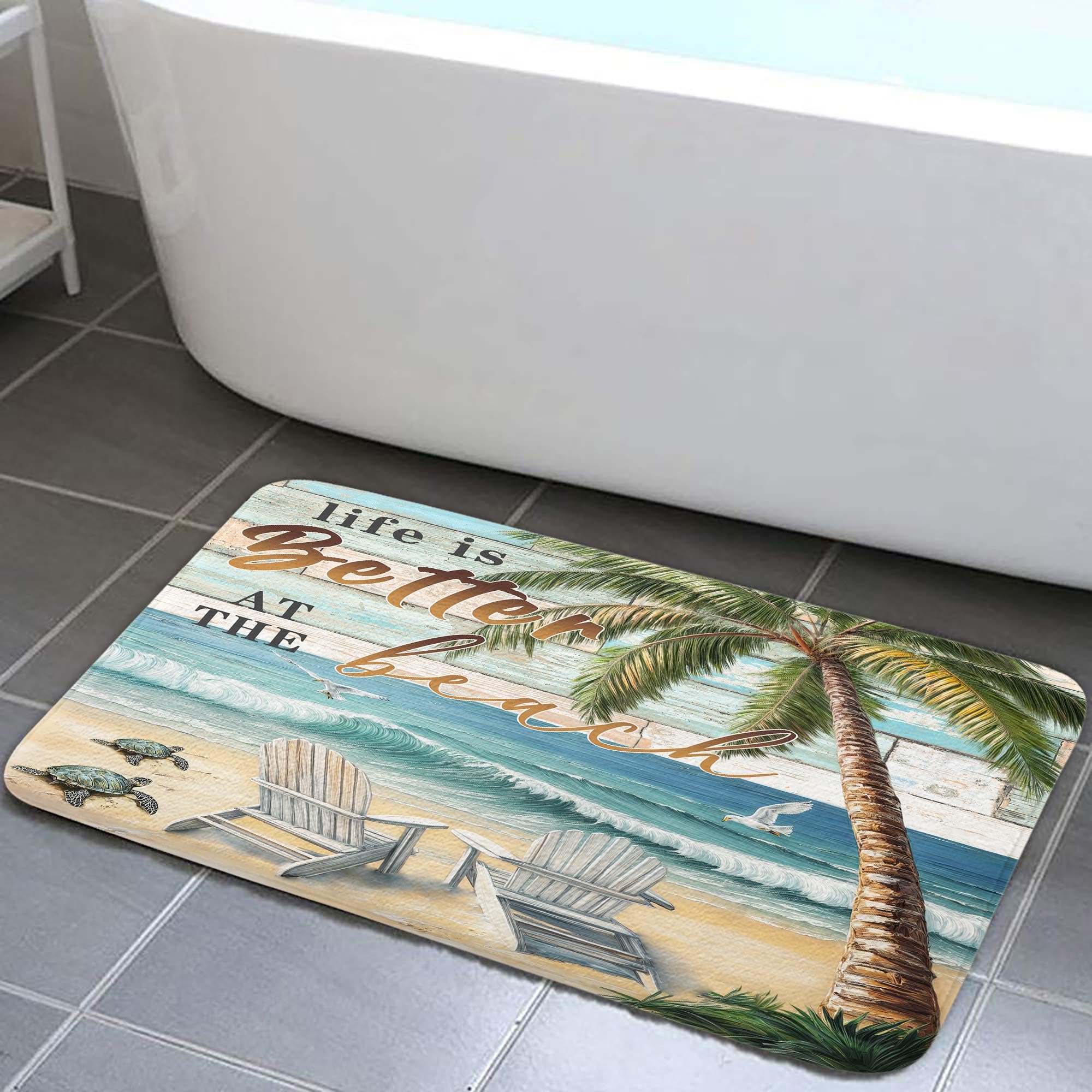 Beach Sea Turtle Seagull Palm Tree Ocean Bathroom Rugs Mat, Non Slip Rustic Beach Bath Rugs for Bathroom, Durable Rustic Wooden Flannel Mat Rug,