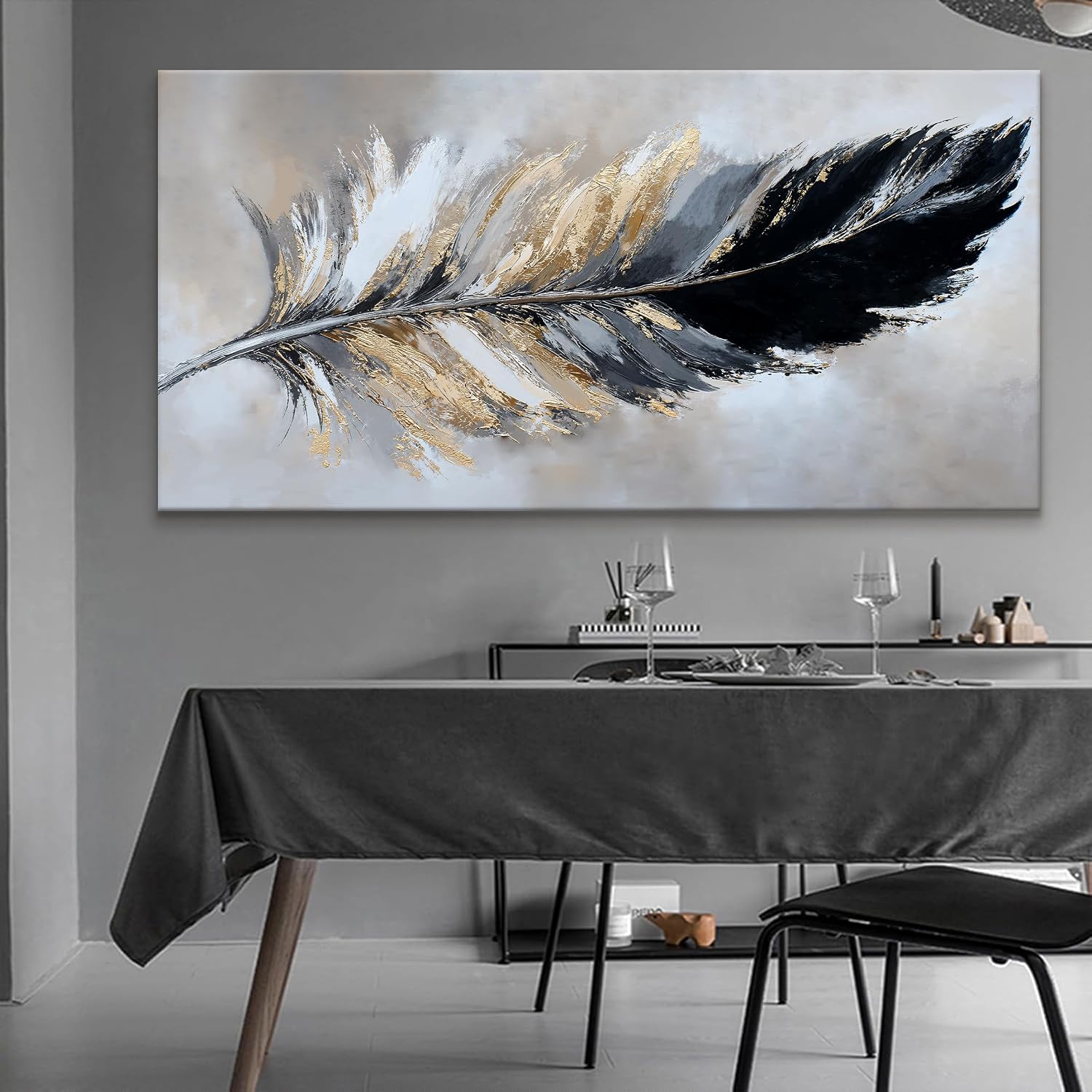 YISXINOAG Modern Abstract Wall Art Canvas Art Wall Decor Black and Gold Large Wall Art for Living Room Modern Home Decorations Abstract Art Prints Minimalist Feather Home Artwork Size 39"X78"