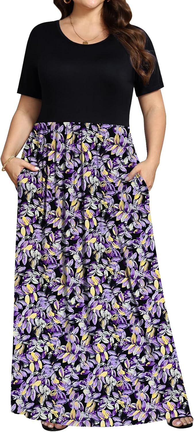 Womens Plus Size Maxi Dresses for Curvy Women Summer Short Sleeve Long Dress with Pockets 1X-5X