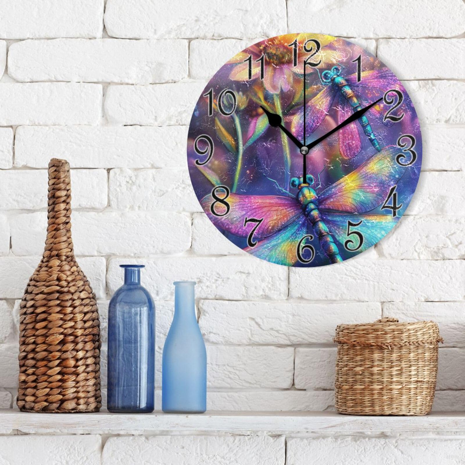 susiyo Reloj de pared redondo y silencioso con diseño de libélula y flores pastel, funciona con pilas, no hace tictac, creativo reloj decorativo para niños, sala de estar, dormitorio, oficina, cocina