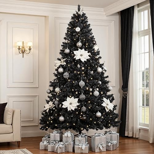 Vista 3 de Yaheetech 7.5Ft Pre-Lit Halloween Black Artificial Hinged Christmas Pine Tree Prelighted Xmas Tree for Home Party Holiday Decoration with 550 Clear