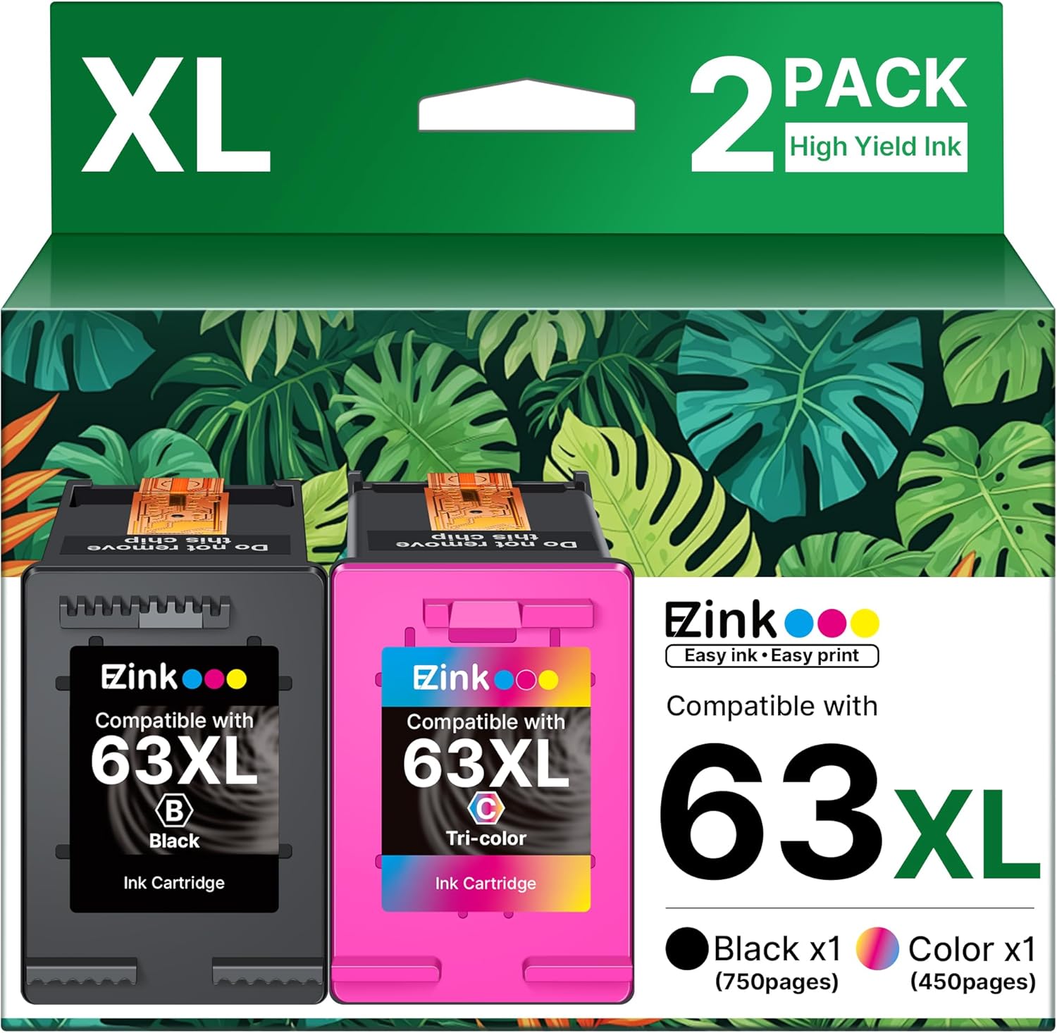 63XL Ink Cartridges Black and Color Remanufactured Replacement for HP Ink 63 for HP 63XL Ink Cartridges Combo Pack Work for HP Officejet 4650 3830 3833 5255 5258 Envy 4520 Deskjet 1112 3637 (2 Pack)