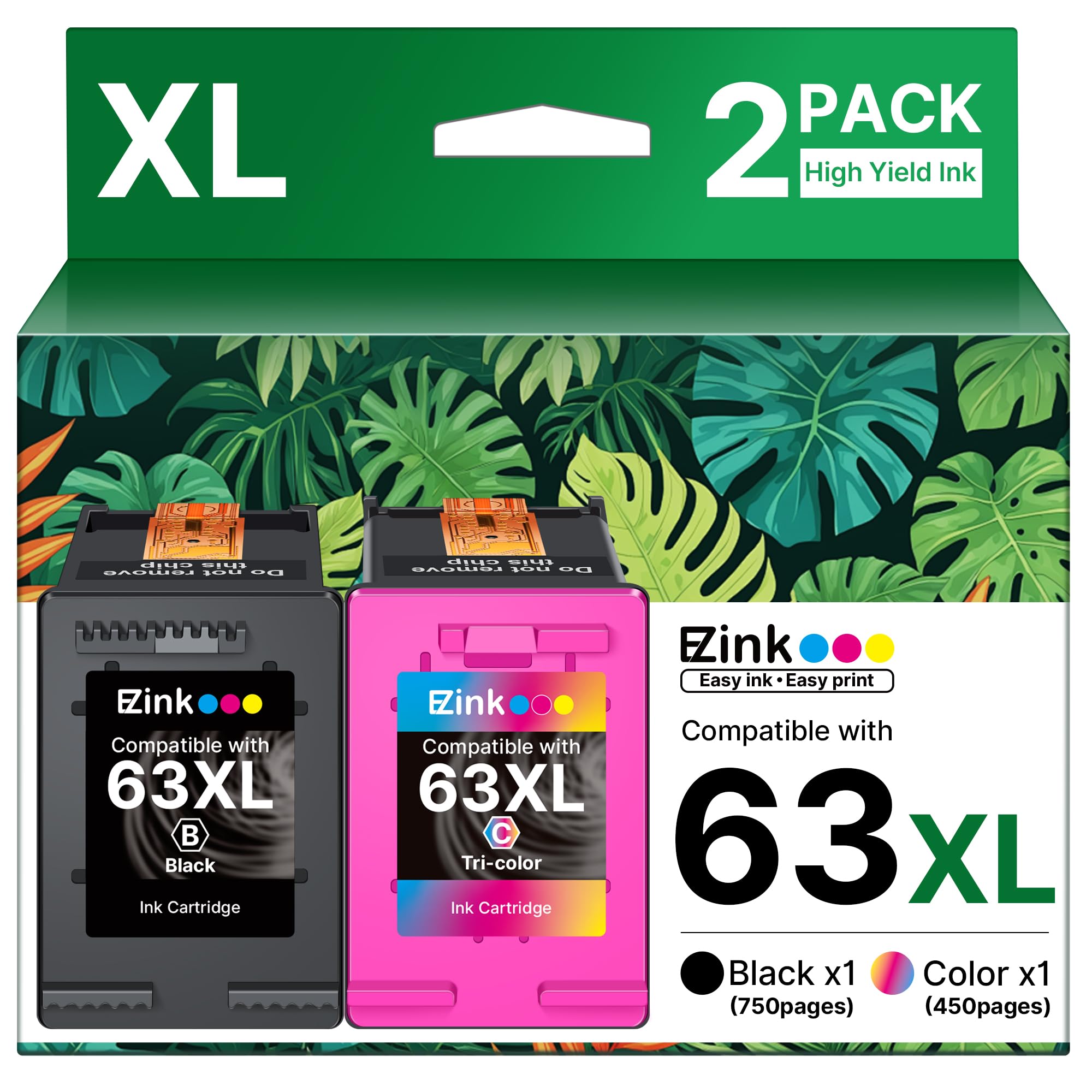 E-Z Ink Remanufactured Ink Cartridge Replacement for HP 63XL 63 XL to use with Officejet 3830 5255 4650 3833 Envy 4520 Deskjet 1112 3637 3630 3634 Printer (1 Black, 1 Tri-Color)