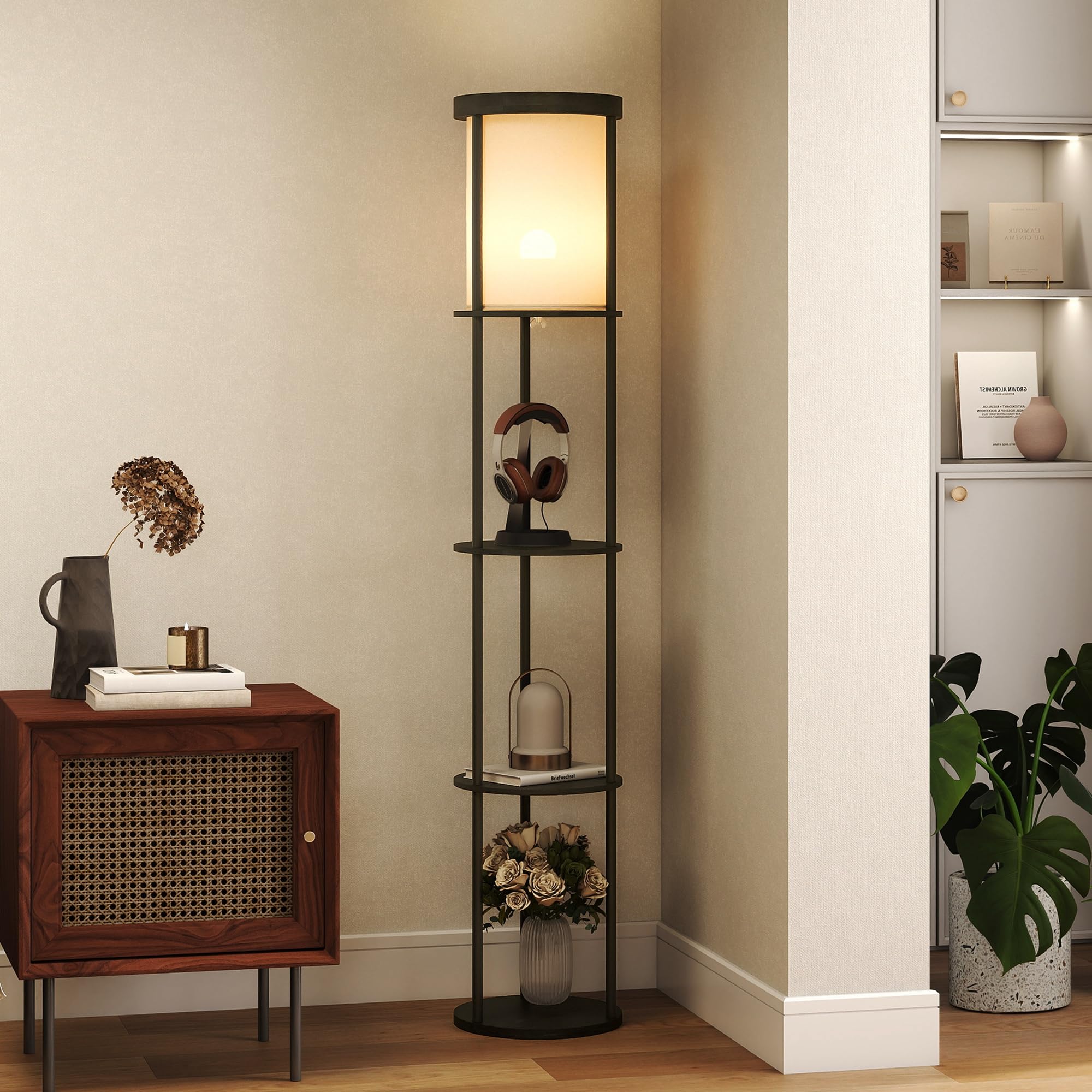 HOMCOM Lampada da Terra LED con Ripiani Rotondi, Piantana Moderna Nero | Paralume in Tessuto, Interruttore a Pedale e Telecomando, per Soggiorno e Camera da Letto
