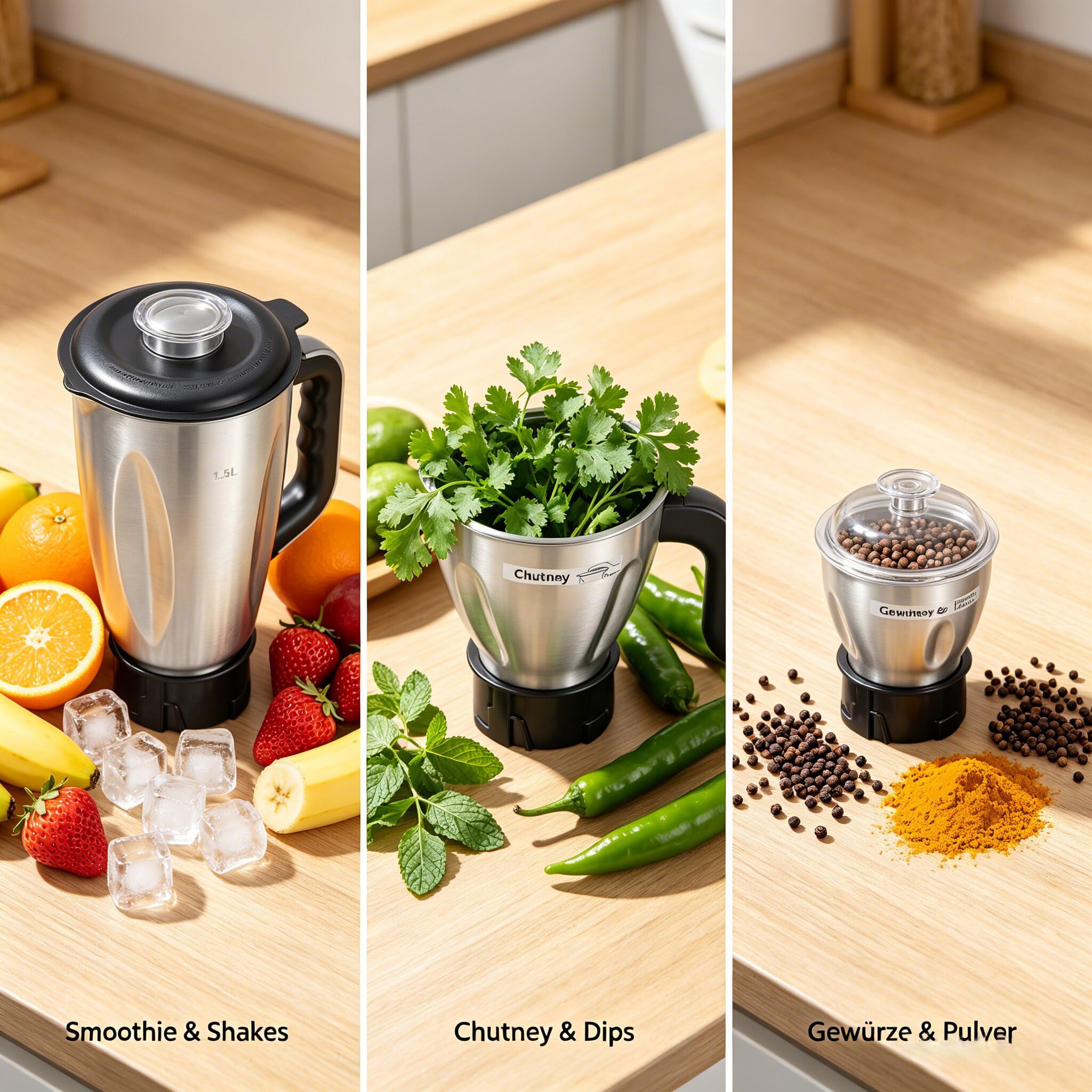 Mixeur Blender 3-en-1 Acier Inoxydable avec 3 Bols, Moteur 700 W Puissant - Silencieux (<60 dB) pour Smoothies, Chutneys, Poudres Sèches