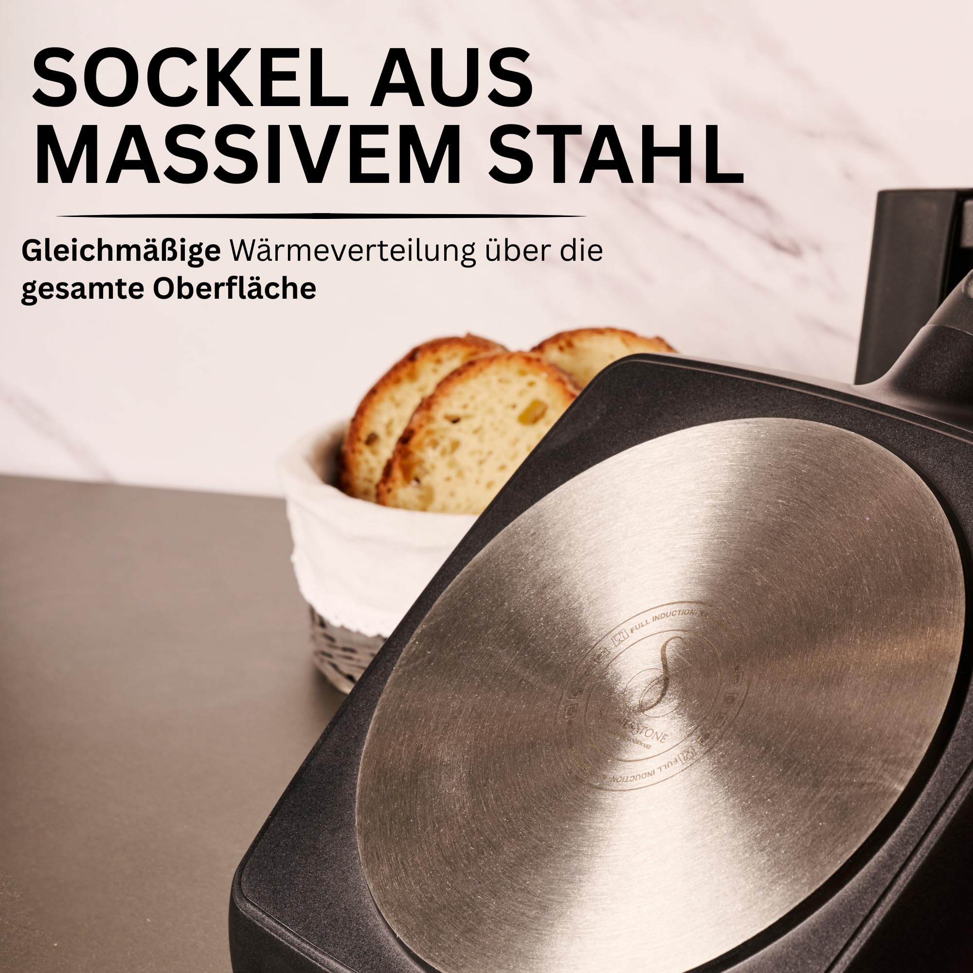 Stone&Stone Grillpfanne Induktion 28 cm Quadratisch Antihaft mit Abnehmbarem Griff, Deutsche Keramikbeschichtung, Vollstahlboden, Für Gas und Backofen, PFAS-, PFOA- und PTFE-frei
