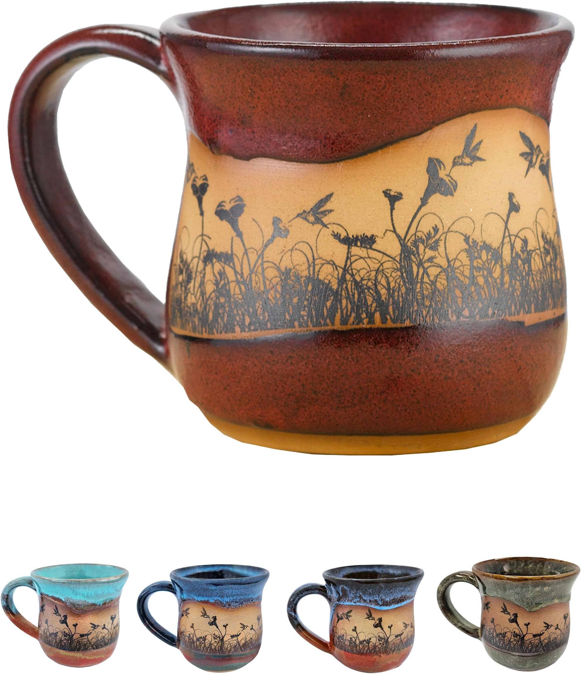 Handmade Ceramic Coffee Mug - Always Azul Hummingbirdscape 14oz Coffee Mug - Oven, Dishwasher, & Microwave Safe Mug - Kitchen Essentials Made in Colorado, Real Red