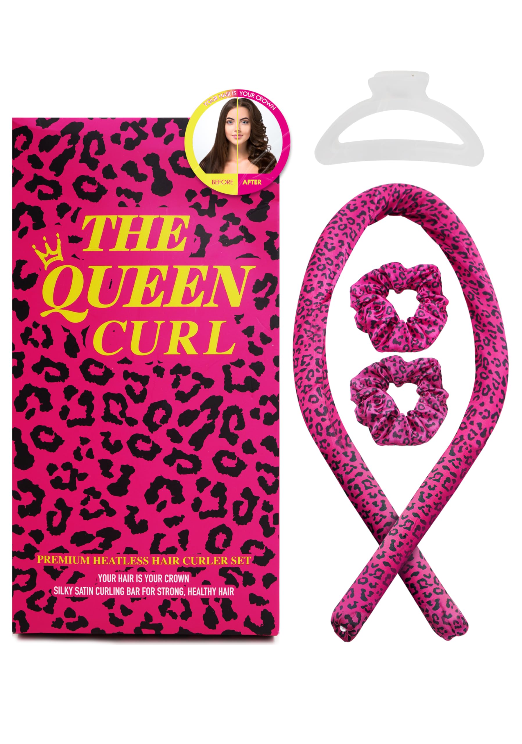 The Queen Curl Satin Headband for Heatless Overnight Curls & Frizz-Free Waves on All Hair Types | Sleep-In Hair Curlers with Hair Clip & Scrunchies (Pink Leopard)