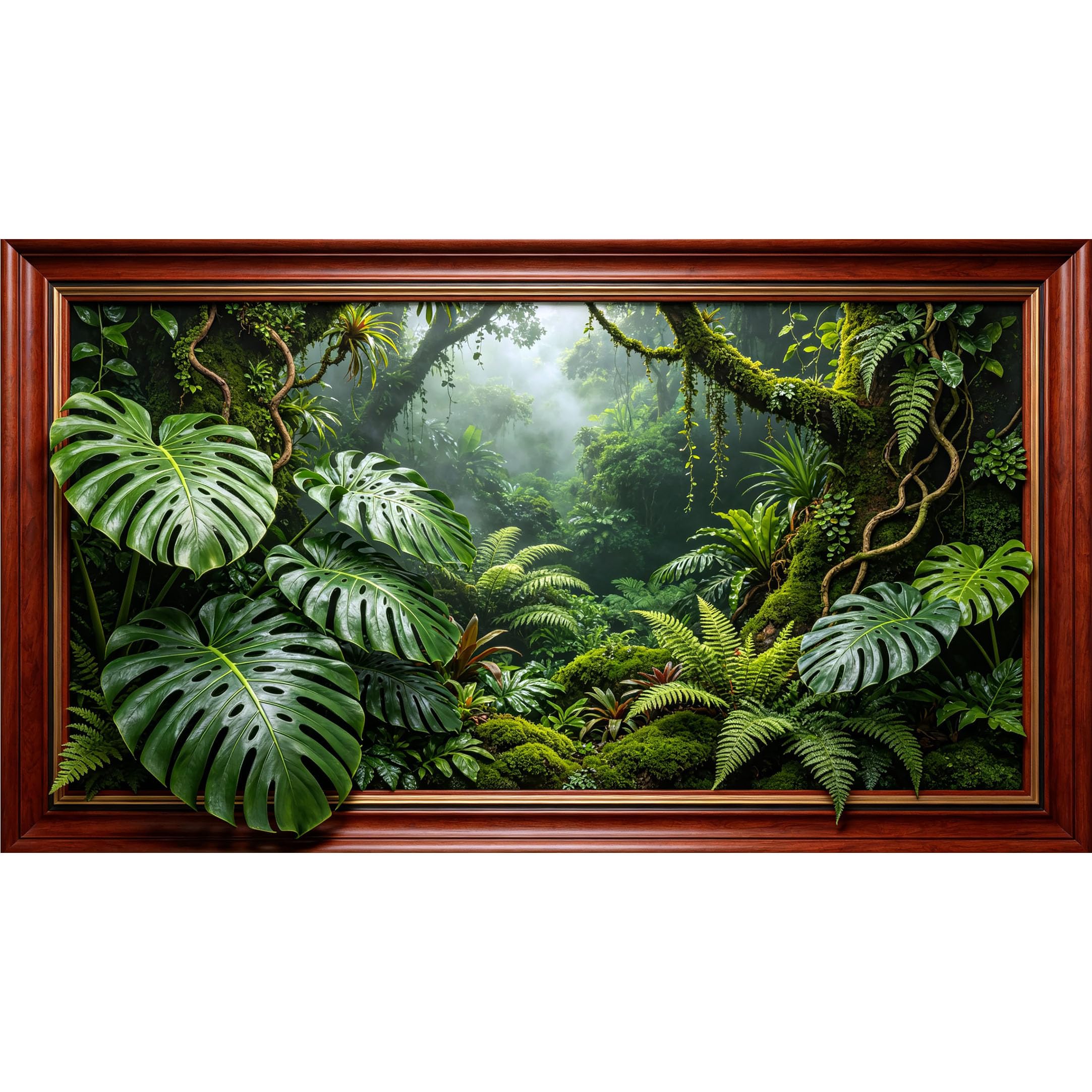 QZLITHOTIC 50×90cm3D Framed Wall Art， Tropical Jungle Rainforest Monstera Ferns Leaves Self?Adhesive Mural， Water?Activated Peel & Stick Fabric Decor Wall Decal for Bedroom Living Room