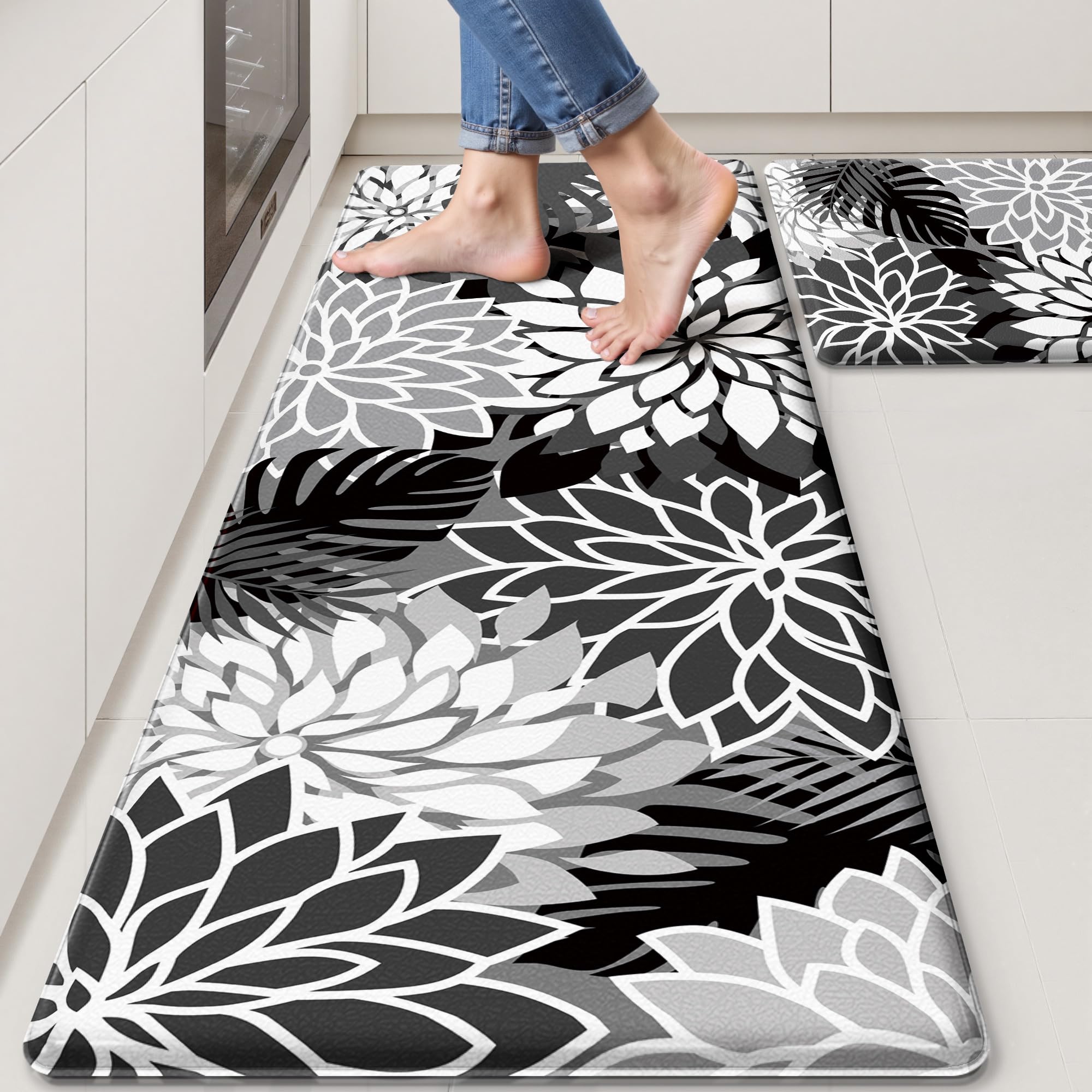 Arenarug Kitchen Mats for Floor 2 Piece Cushioned Anti Fatigue Kitchen Mats Waterproof Non Slip Kitchen Mat Rug Set Comfort Foam Standing Mat for Sink, Laundry, Office, Black White: Black White 17.3"x30"+17.3"x47"-0.4 inch