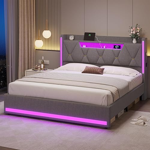 Miniatura 9 de Base de cama Queen con cabecera de almacenamiento, marco de cama de metal con luces LED y estación de carga, cama Queen tapizada con cabecera de