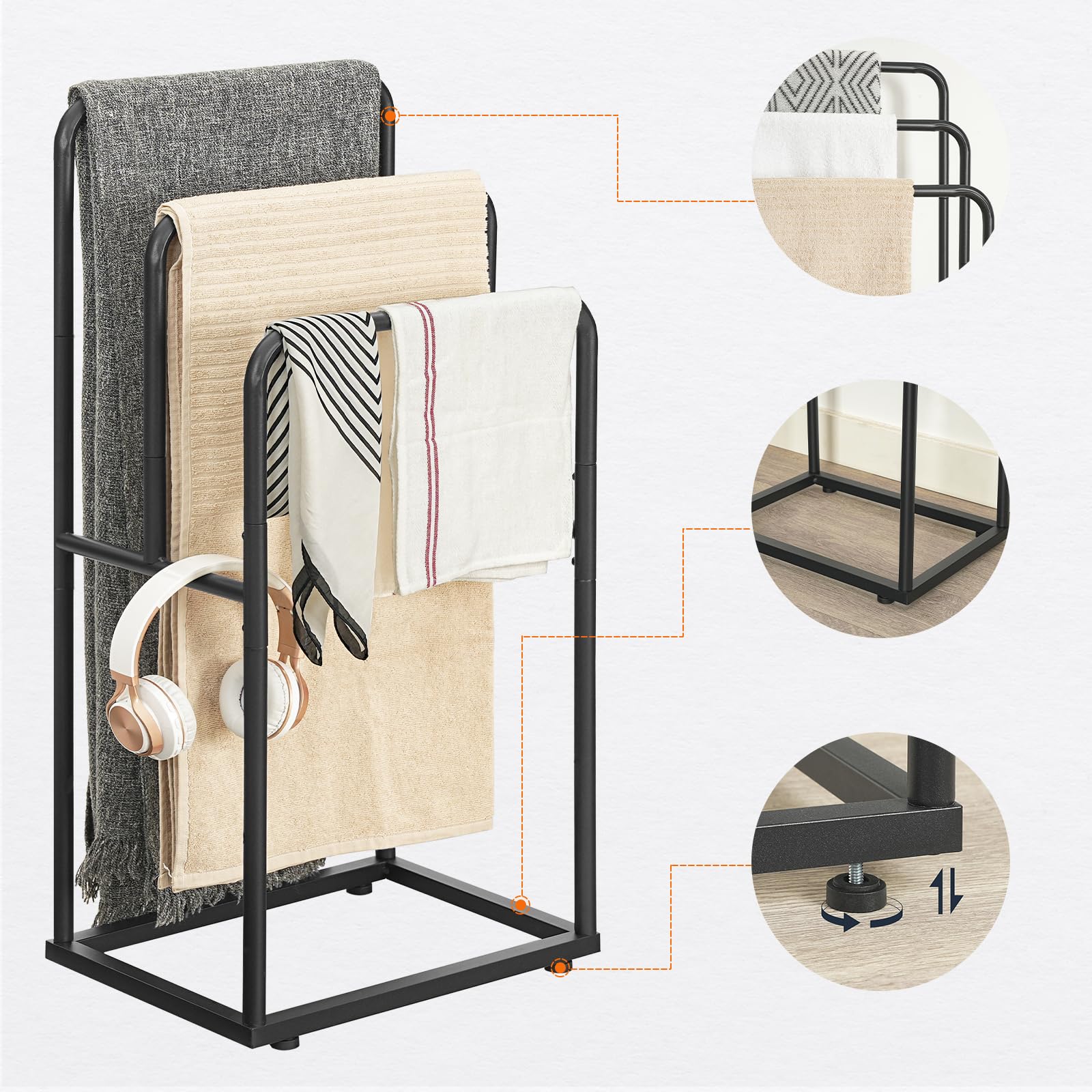 HOOBRO Hoher Handtuchständer mit 3 Stangen, Handtuchhalter Freistehend, Handtuchtrockner für Badezimmer, Wohnzimmer, Schlafzimmer, Pool, Schwarz EBK10LB01