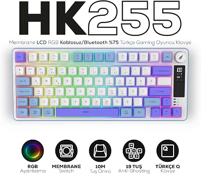 Hawk Gaming HK255 Membrane LCD RGB Kablosuz/Bluetooth%75 Türkçe Gaming Klavye (Mavi Mor)