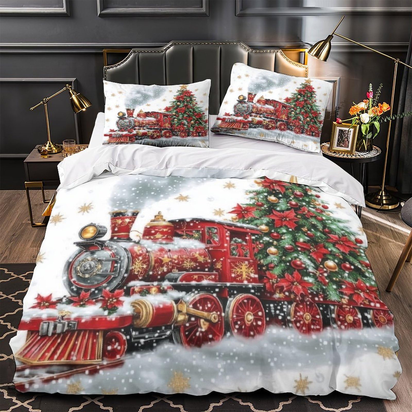 Housse de Couette Train de Noël 135x200 Microfibre Hypoallergénique