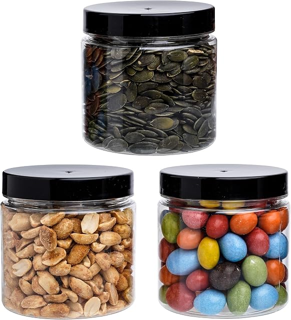 STACKABLES 9 Pack Small Round Plastic Jam Jars with Lids Refillable Mini Clear Storage Containers with Airtight Black Lids for Kitchen use, Preserve Pots, Dry Foods, Sweets, Spices & More.