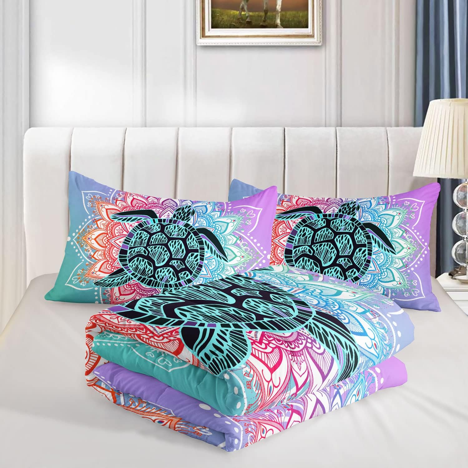 HOSIMA Sea Turtle Bedding,Coastal Beach Themed Comforter Set Twin Size for Kids Teen Girls Boys Room Decor,Mandala Turtle Comforter Bed Set Twin Size with 2 Pillowcases.