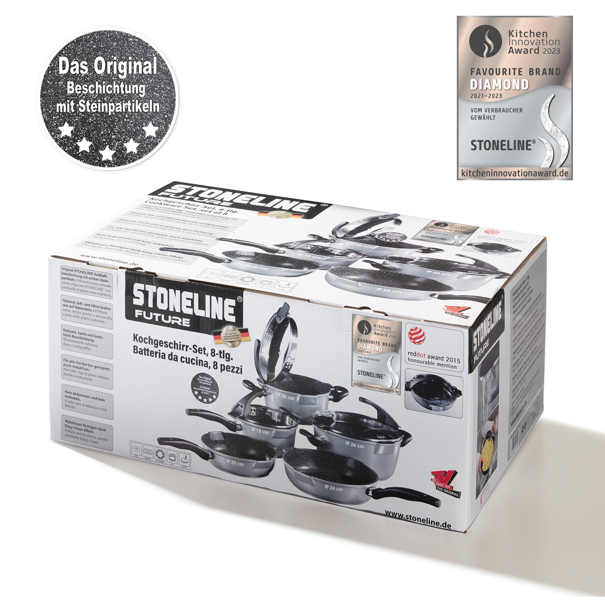 STONELINE Future Topfset Induktion, 8-teiliges Topfset mit Pfanne und Sieb Deckel, Kochtopf Set beschichtet mit echten Steinpartikeln, Aluguss Topf und Pfanne Induktion für alle Herdarten geeignet