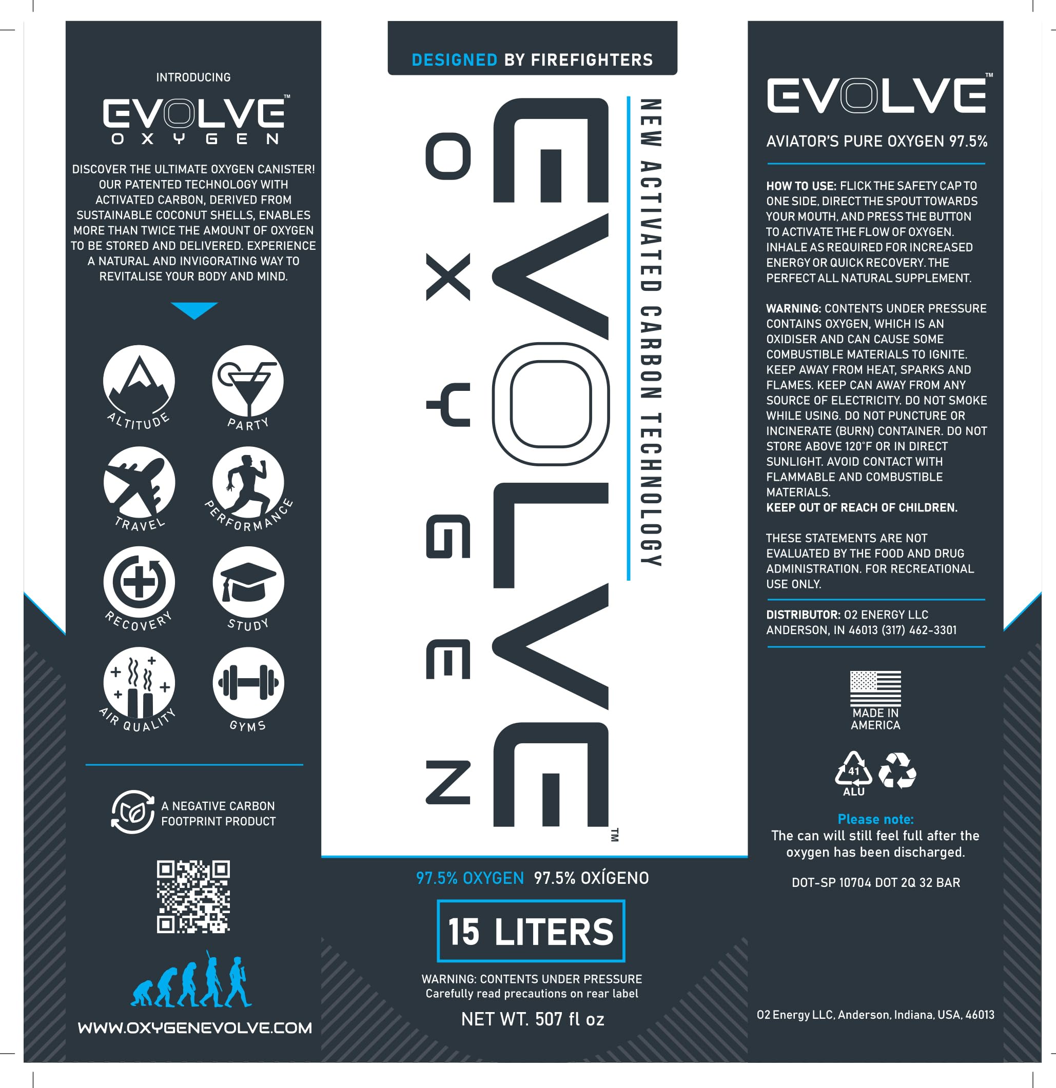 EVOLVE 15-Liter Pure Oxygen Canister with Flip Top | Portable Oxygen Can | Ideal for Home Use and Outdoor Activities | Designed by Firefighters | Made in The USA | Pack of 2