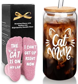 Mason Life Cat Mom Gifts, Cat Lover Gifts for Women, Mom Gift for Women, Valentine Birthday Present for Kitten Lover, 18oz Cute Kitty Mama Ice Coffee Cup Glass Cup with Lid Straw