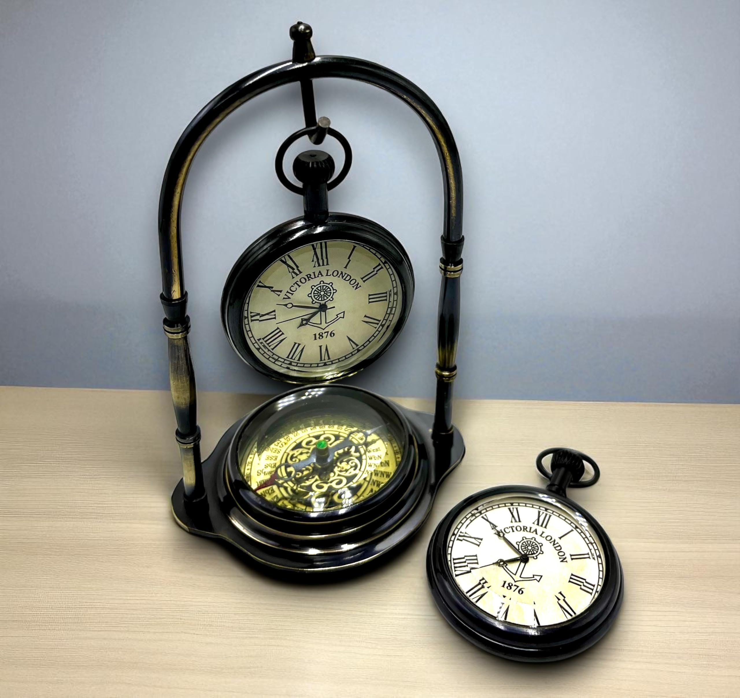 Nautical Clock Ship Table Clock Brass Desk Clock Maritime Brass Compass with Antique Victoria London Pocket Watch
