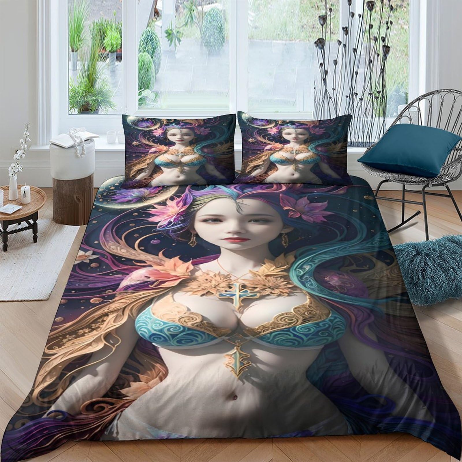 Ctjqhvkz Style-7 3D Printed Fantasy Goddess Fitted Sheet Microfiber Soft Breathable Floral Art Mattress Cover For Bedroom Decor Single（135X200cm）