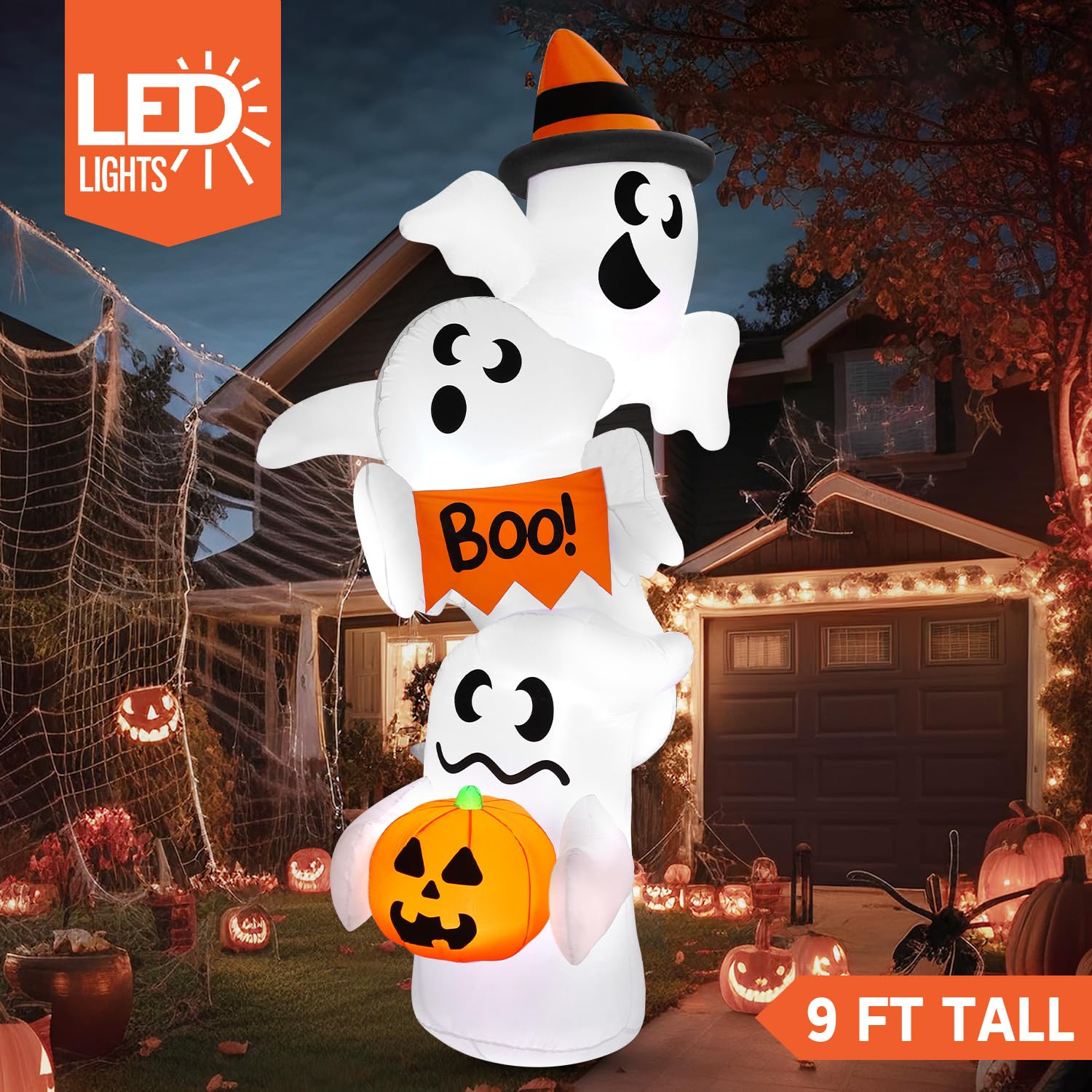JOYIN 2,7 m hoher aufblasbarer Halloween-Geist Outdoor-Dekorationen, riesiger überlappender Geist, aufblasbare Dekoration mit LEDs, aufblasbarer Hofdekorationen für Halloween-Party, Garten, Rasen, Hof