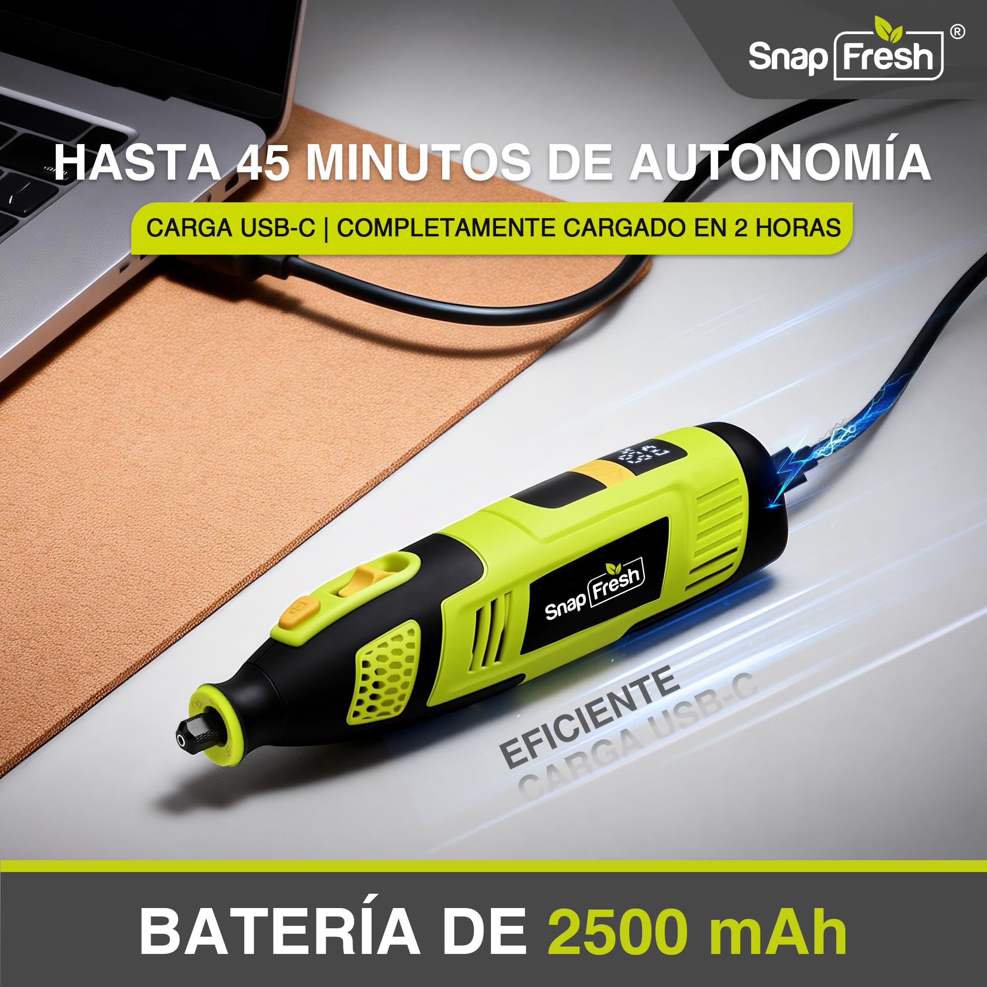 SnapFresh Herramienta Rotativa Inalámbrica 12V con Pantalla Digital, Multiherramienta con 32 Velocidades Ajustables (5000-32000 RPM), Kit Profesional con 111 Accesorios, Cargador Rápido y Maletín