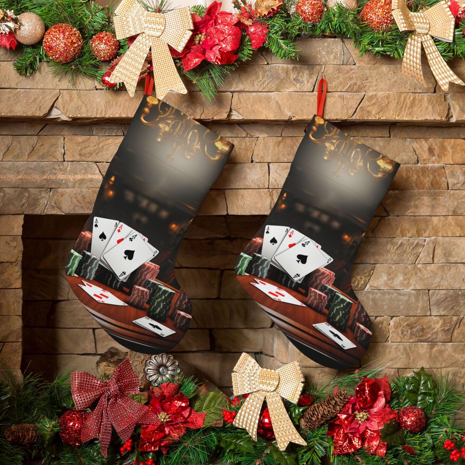 Fodpand Boys Black Poker Tournament Christmas Stockings Hanging Ornaments For Holiday Decor, 18 Inches Velvet Fireplace Hanging Xmas Stocking, Candy Gift Bags For Christmas Decorations