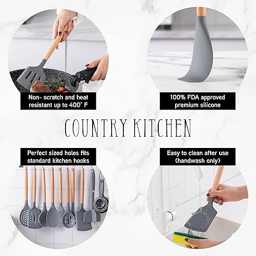Miniatura 2 de Country Kitchen Juego de utensilios de cocina  Juego de 38 espátulas de silicona antiadherentes con soporte, asas de madera y utensilios resistentes