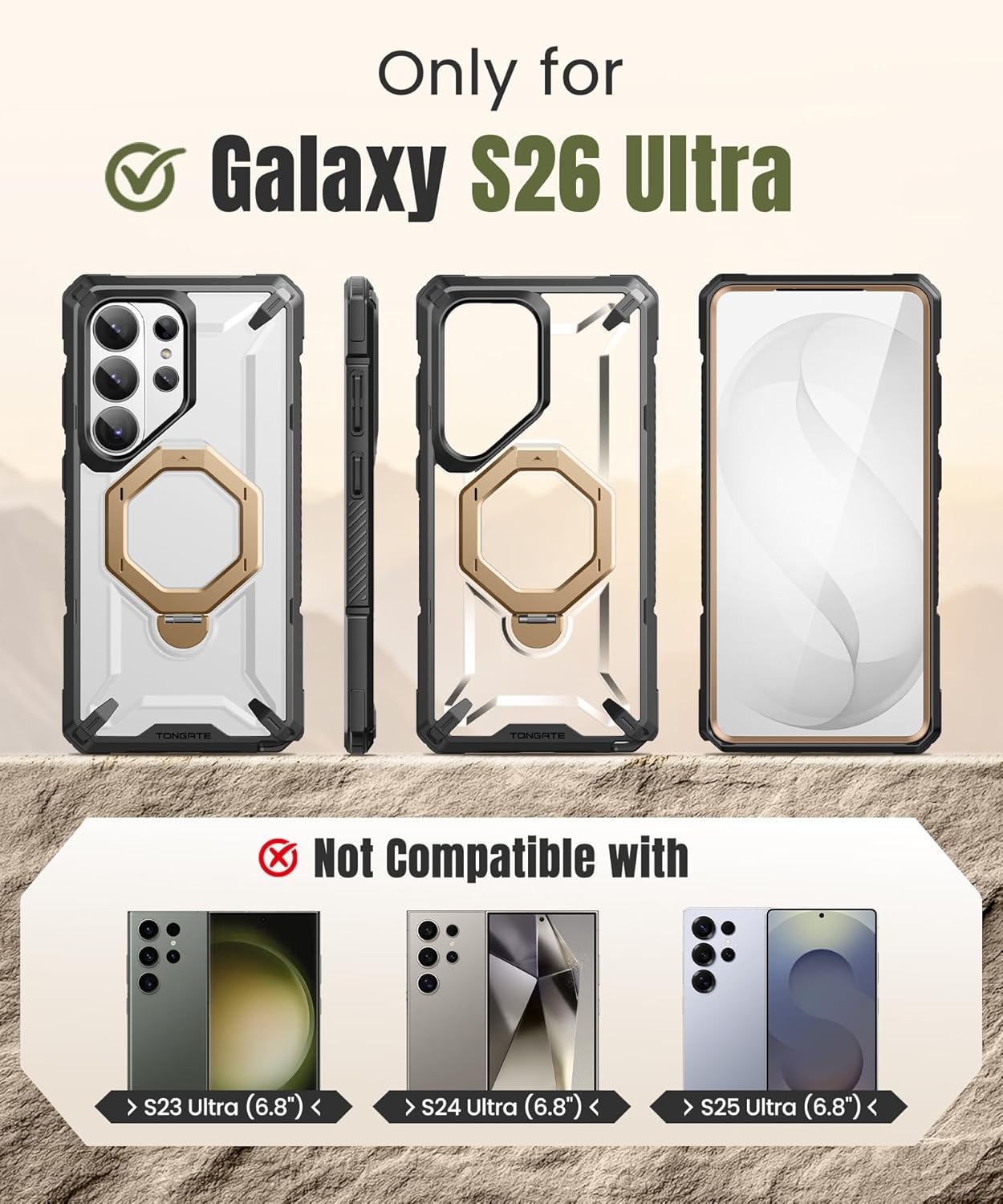 TONGATE for Samsung Galaxy S26 Ultra Case with 360° Spin Magnetic Stand, Compatible with MagSafe, Built-in Screen Protector & Belt Clip, Non-Slip Military Grade Protection Case for S26 Ultra, Gold