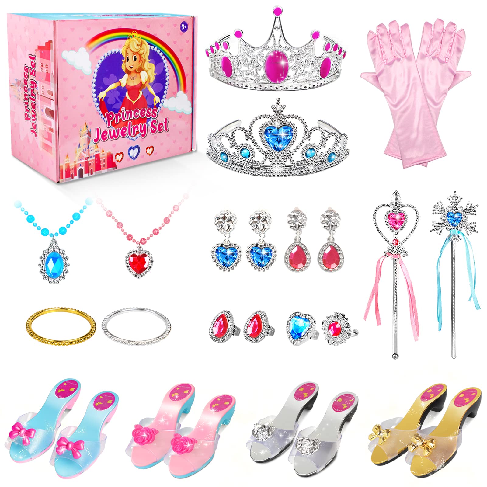 Princess Dress Up Shoes Toys for Girls Age 3 4 3-4 4-5 5-6 Pretend Play Games with Toddler Jewelry Princess Accessories 26 Pieces 3 4 5 6 7 8 9 Year Old Girl Birthday Ideas