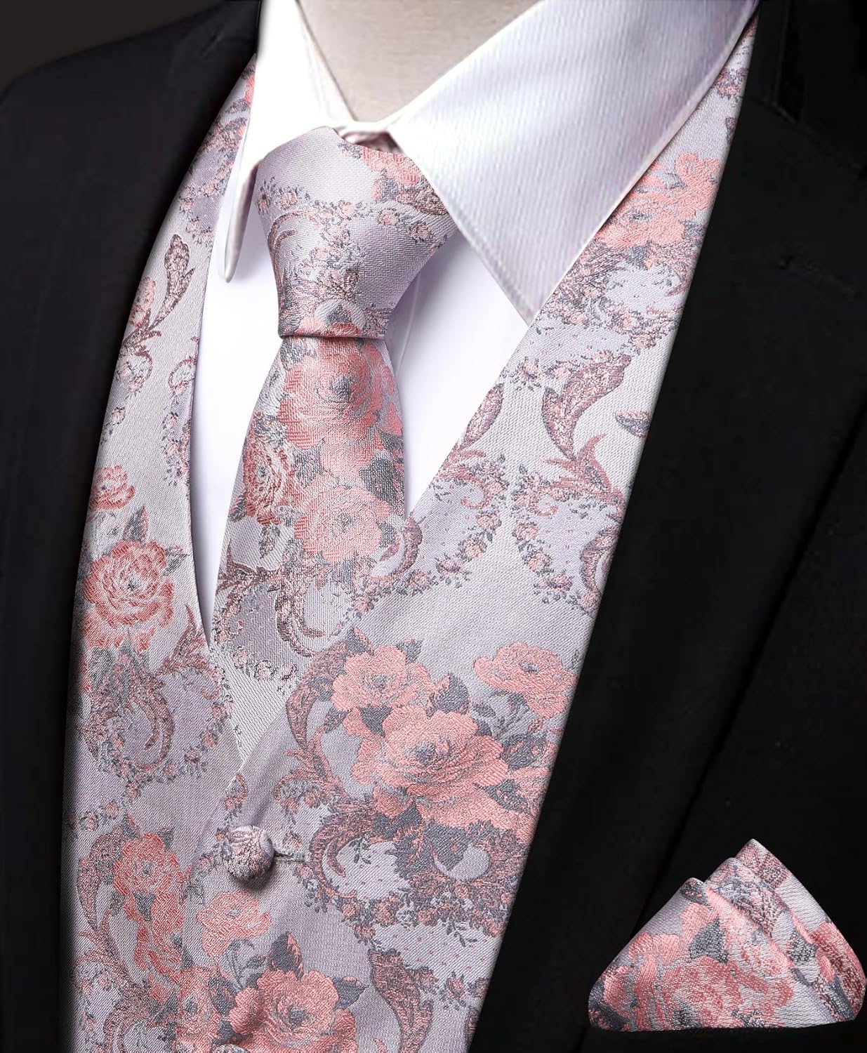YourTies Mens Suit Vest 4PC Silk Paisley Vest with Necktie Pocket Square Cufflinks Formal Woven Waistcoat for Suit Tuxedo