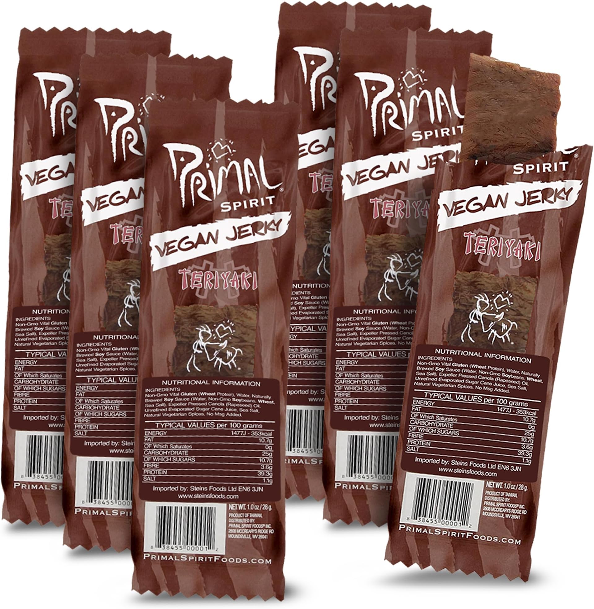 Primal Strips Teriyaki Vegan Jerky Pack of 6 (28gm) – Delicious Meat Alternative Healthy Snacks – Non-GMO, High Protein, Traditional Vegan Snacks