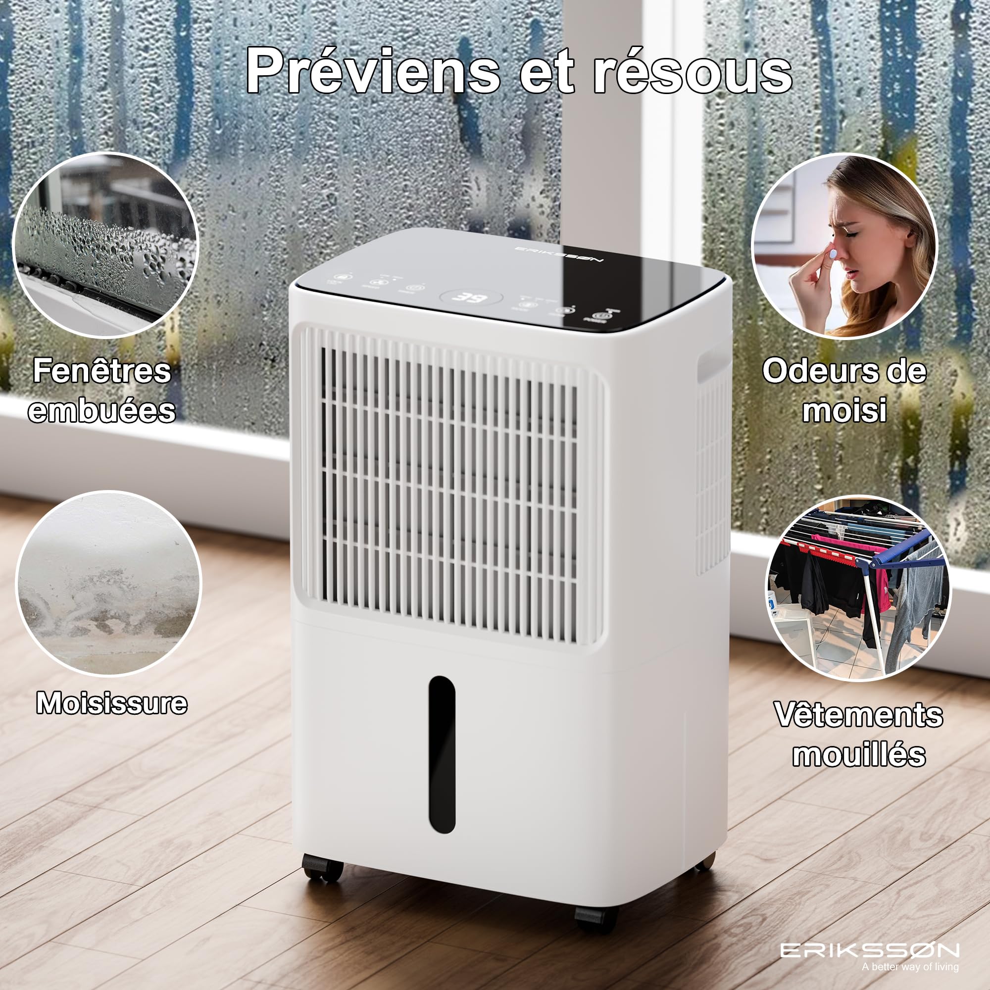 Déshumidificateur avec affichage LED, minuterie et sécurité enfant | Élimine 16 L d'humidité par 24 h | Pour une pièce d'environ 70 m² (140 m³) | écoénergétique avec capteur d'humidité
