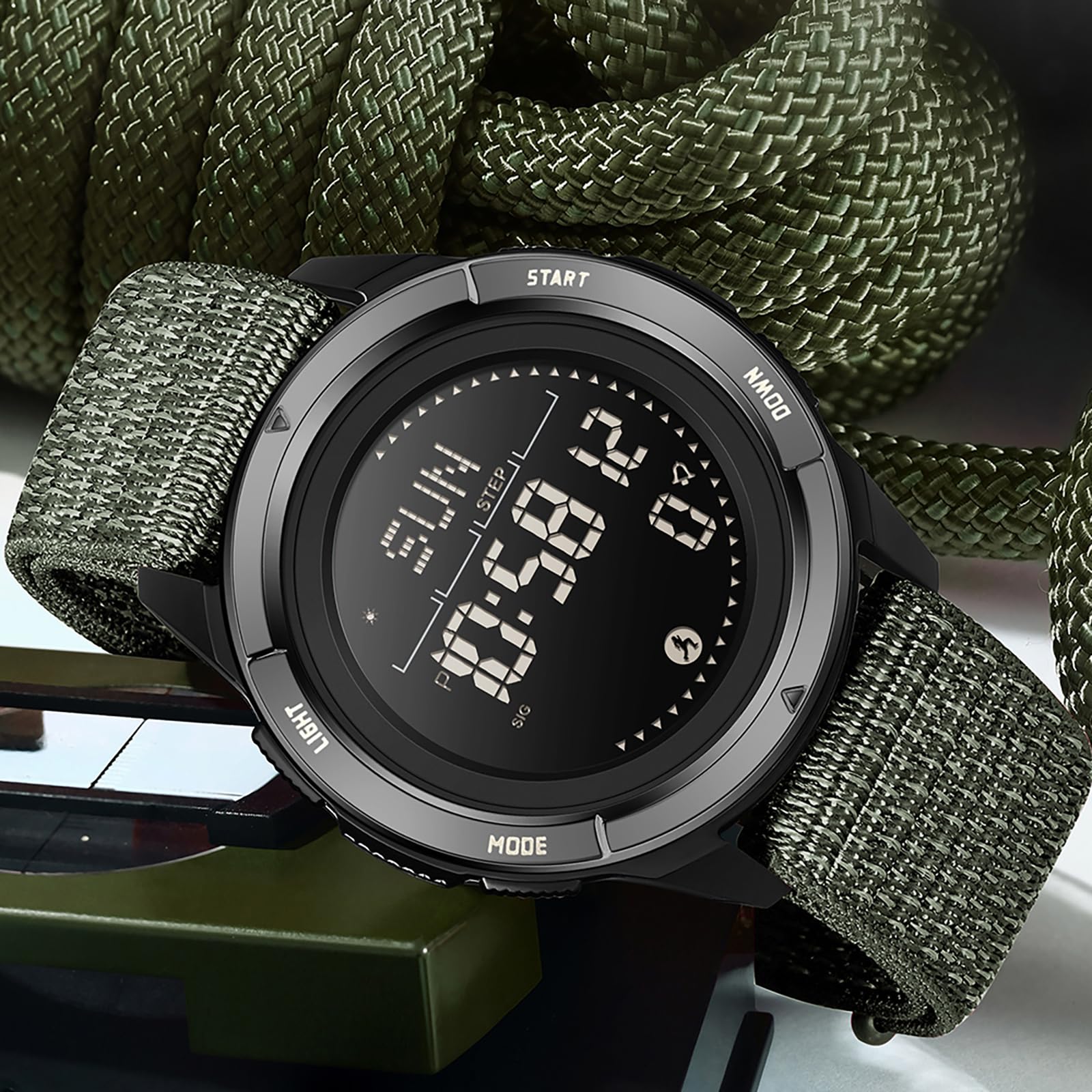 findtime Compass Tactical Watches for Men Women with Metronome Step Counter Countdown Dual Time Alarm Stopwatch Nylon Strap Lightweight Digital Waterproof Watch Green