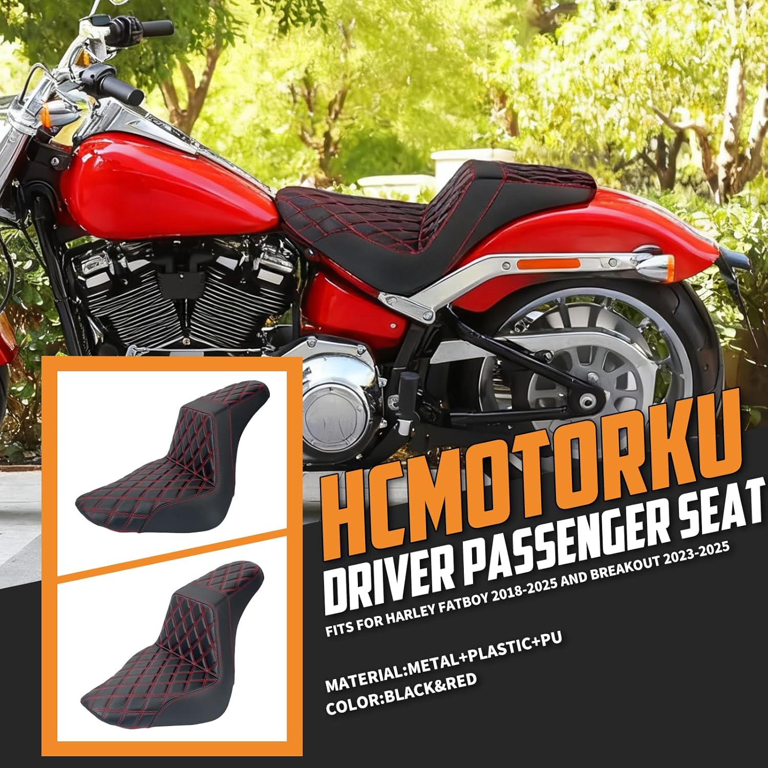 One-Piece Driver Passenger Seat Front Rear Cushion Fit For Harley Softail Fat Boy FLFB FLFBS 2018-2025 Breakout FXBR 2023-2025 (Red Stitching)