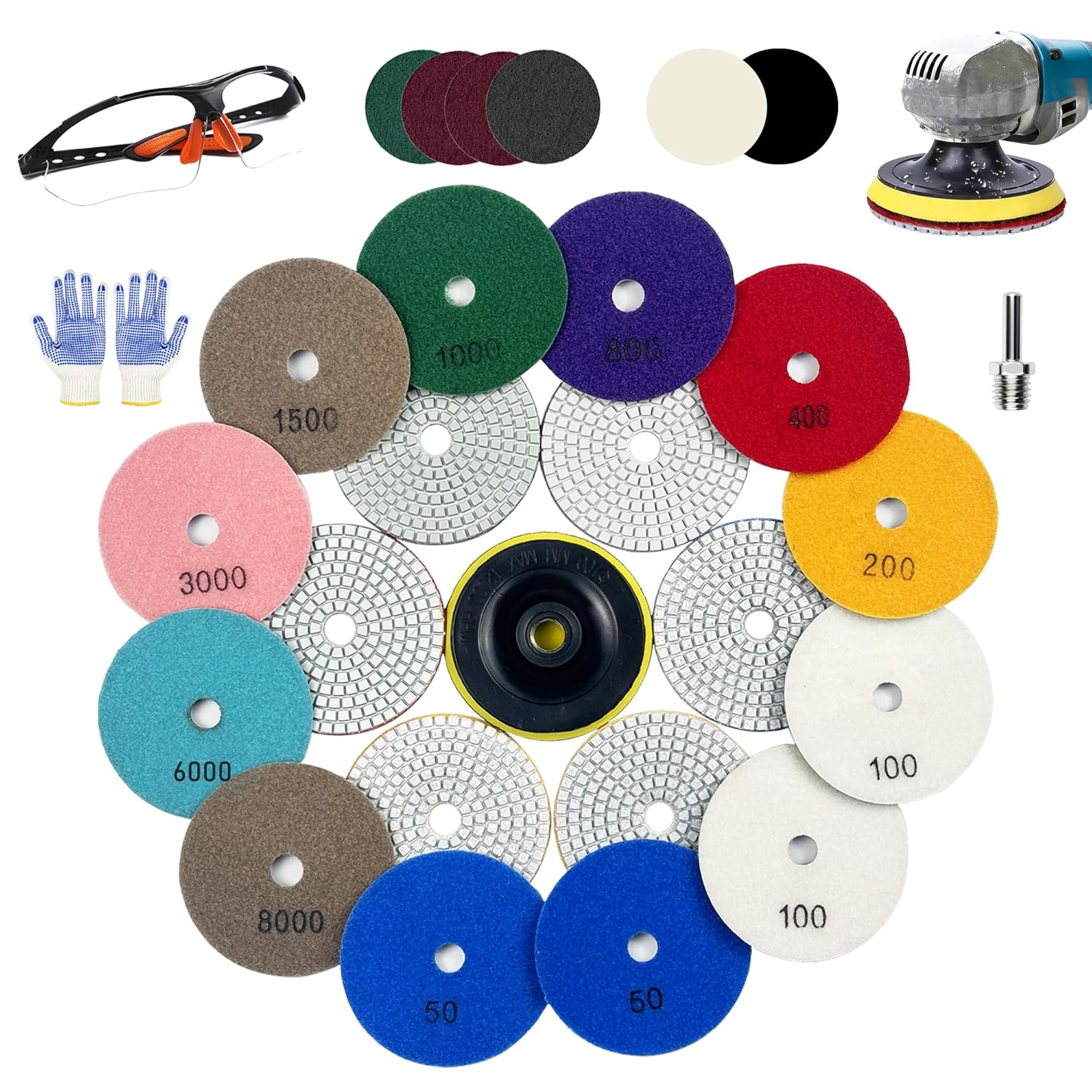 4 Inch Diamond Polishing Pads, 22 PCS 50-8000 Grit Wet/Dry Granite Stone Polish Pad Kit with 5/8’’-11 Backer Pad, Drill Adapter and Wool Disc for Granite Marble Concrete Stone Tile