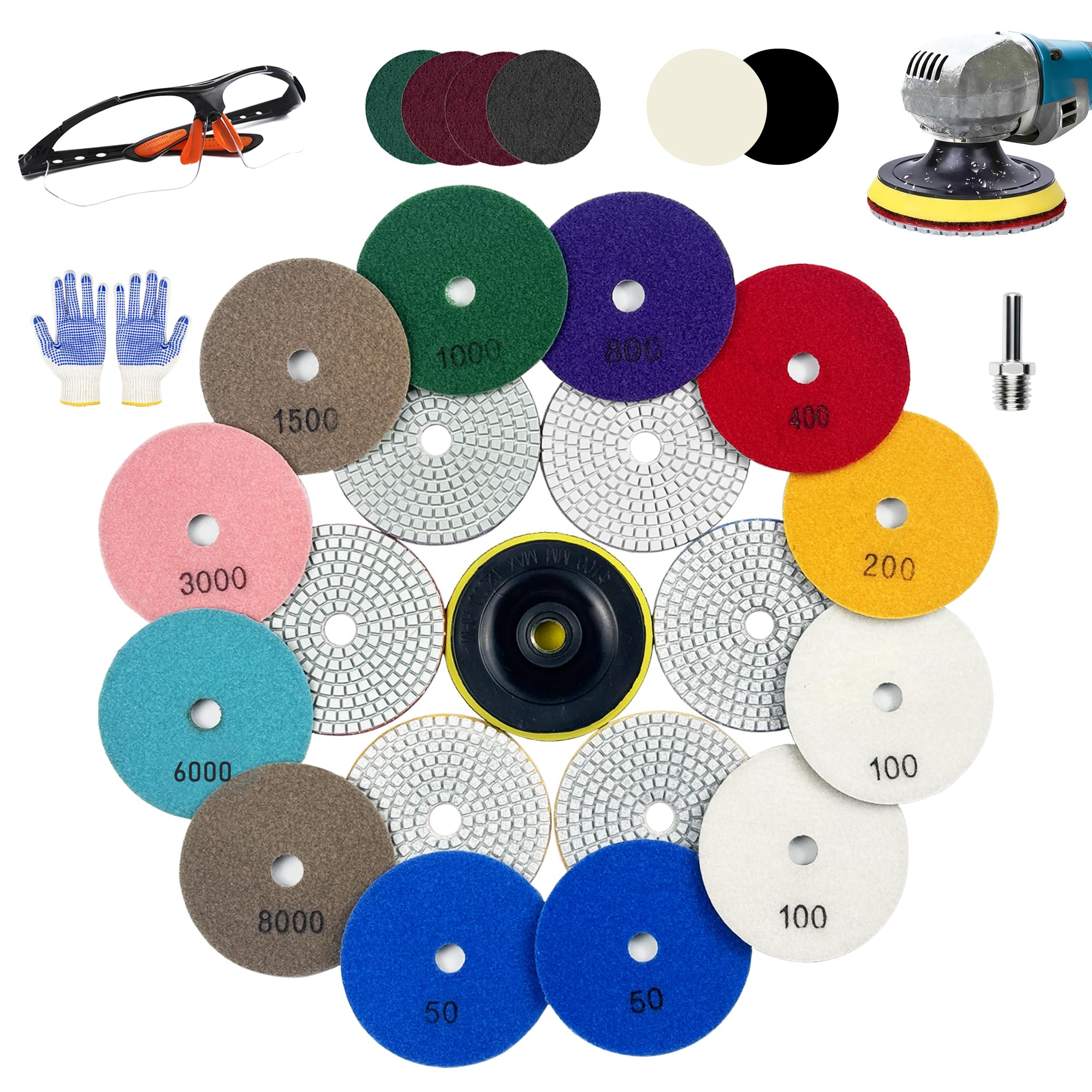 Photo 1 of Ceeintee 4 Inch Diamond Polishing Pads, 22 PCS 50-8000 Grit Wet/Dry Granite Stone Polish Pad Kit with 5/8’’-11 Backer Pad, Drill Adapter and Wool Disc for Granite Marble Concrete Stone Tile