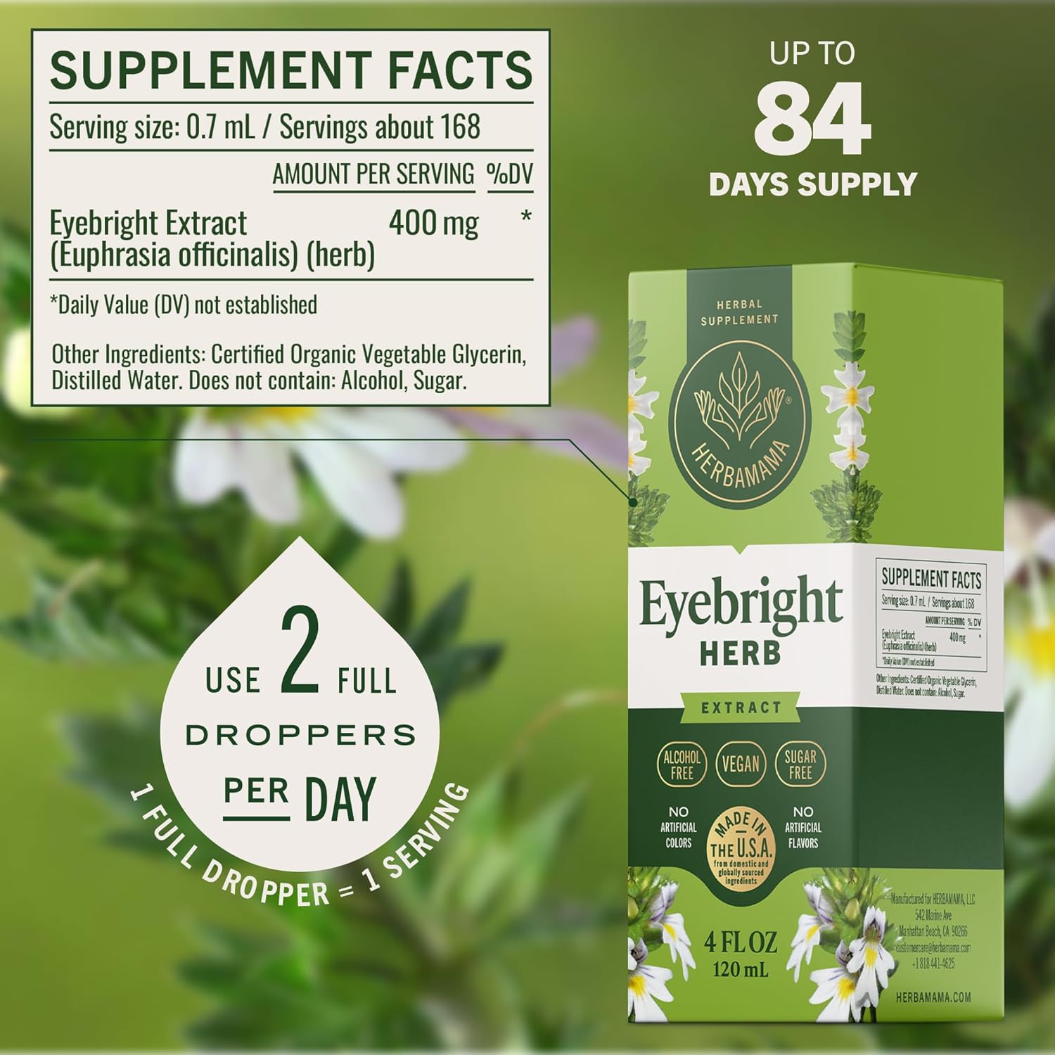 HERBAMAMA Eyebright Herb Tincture - Vegan Euphrasia Herb Extract for Bright Eyes Support - Non-GMO, Alcohol & Sugar-Free Eyebright Dietary Supplement, 84-Day Supply