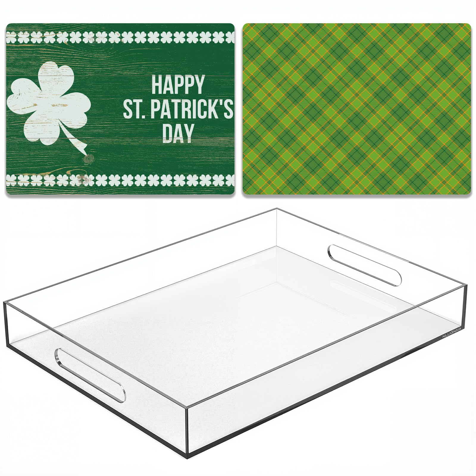 Qdetak Acrylic Serving Tray, 16"x12" Decorative Tray with Handles & Interchangeable Insert,Works for Eating, Breakfast, Makeup Drawer Organizer,Tea/Bar Table,Perfect for Shamrock Party Decorations