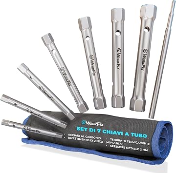 S&R WerkFix Box Spanner, Double Socket Wrench Set 7 Pieces 6/7, 8/9,10/11,12/13,14/15,16/17,18/19 mm, Made of Cr-V Steel, Matted Finishing, With a Bag