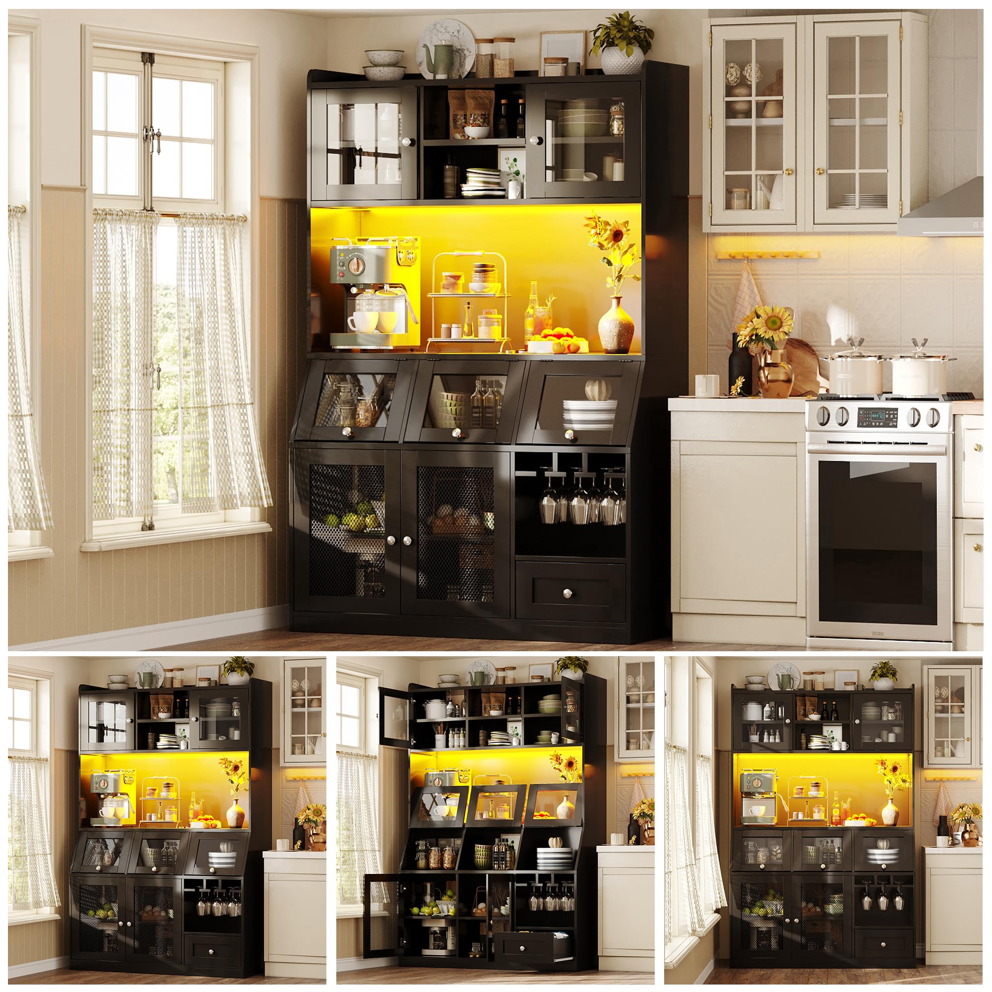 Buffet Haute Cuisine L120 x P40 x H182 cm, Armoires de Cuisine, Vaisselier avec Port USB, Meuble Cuisine Rangement avec Portes Vitrées, éclairage LED, Un Plan de Travail spacieux, Noir