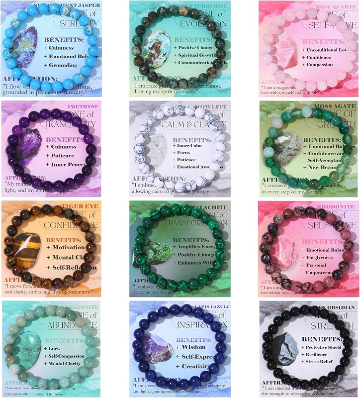 FIRAZIO 12PCS 6mm 8mm Gemstone Beaded Bracelets for Women | Semi-Precious Natural Crystal Bracelets Round Beads Gemstones Stretch Bracelet Jewelry Gift