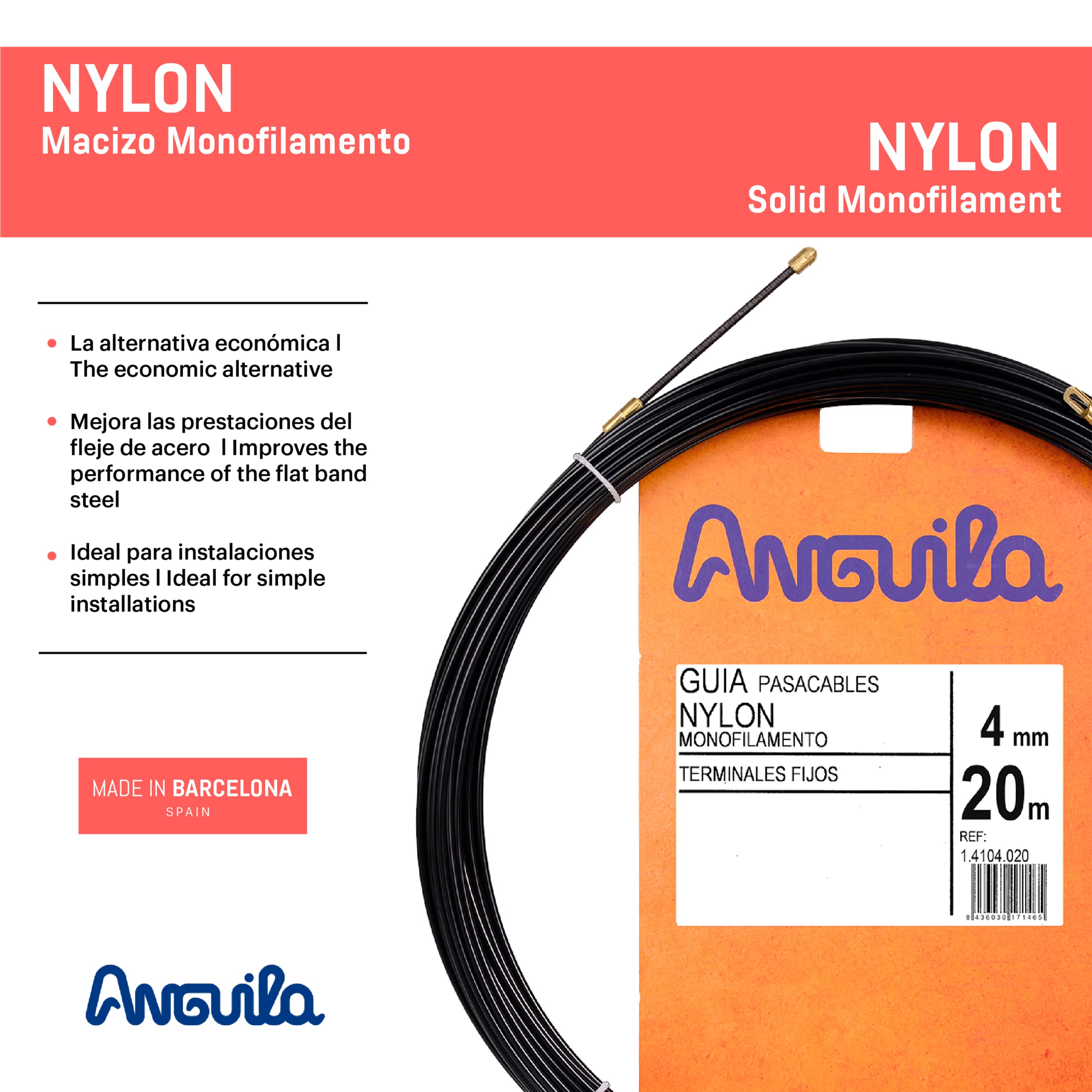 Anguila | Guía Pasacables | Terminales Fijos | Monofilamento | Nylon | Color Negro | Diámetro 4mm | 20 Metros
