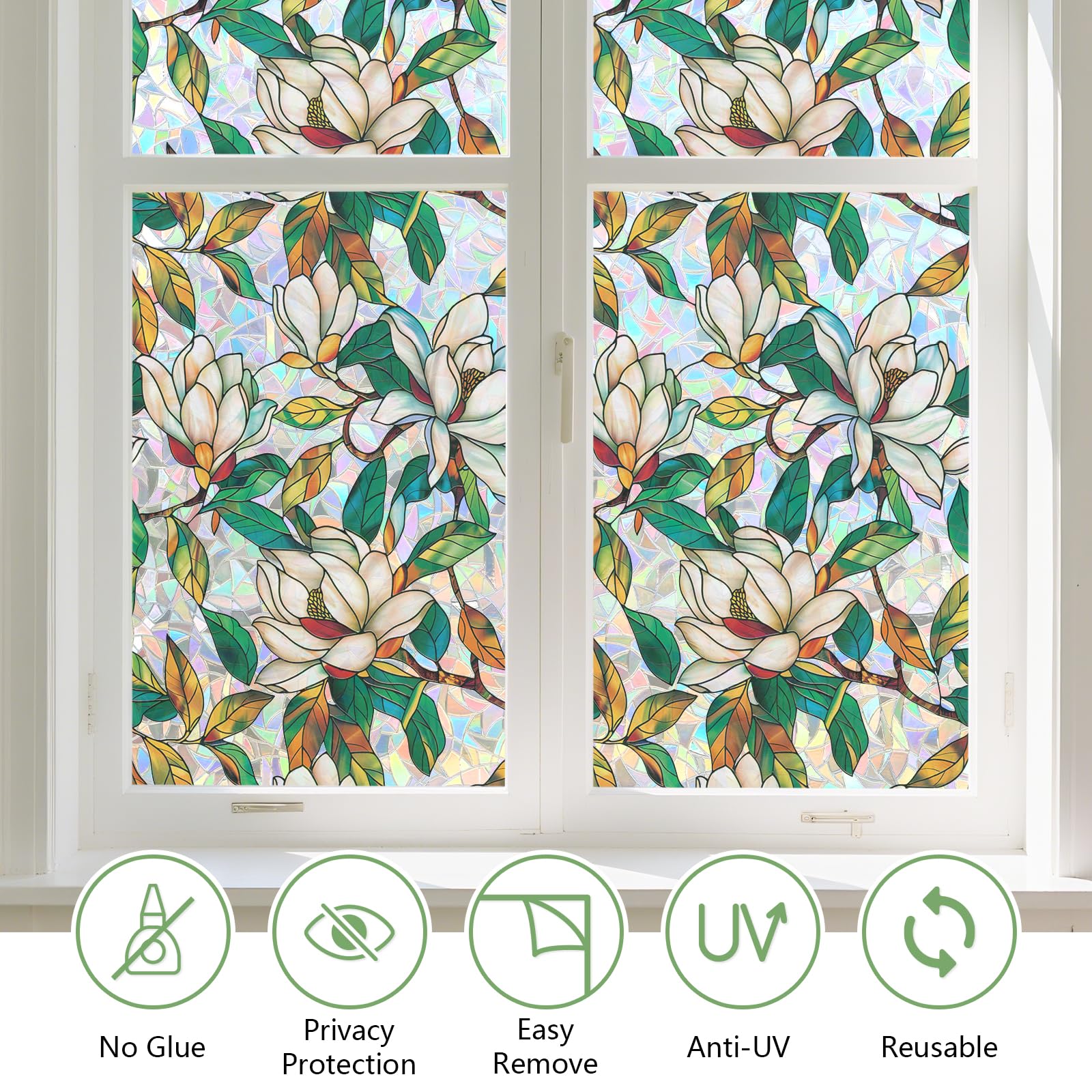 KROMAPOLIS Fensterfolie Blickdicht Fensterfolie Bunt Selbsthaftend, Sichtschutzfolie Fenster, 3D Regenbogen Folie Fenster Sichtschutz Anti UV Statisch Haftend Window Film Weiß Magnolie - 90x400cm