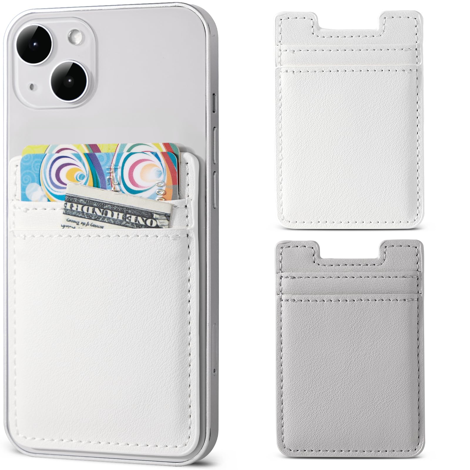 2Pack Phone Wallet,Leather Phone Card Holder Adhesive Stick On Credit Card Pocket for Back of Phone Case iPhone and Android-White,Grey