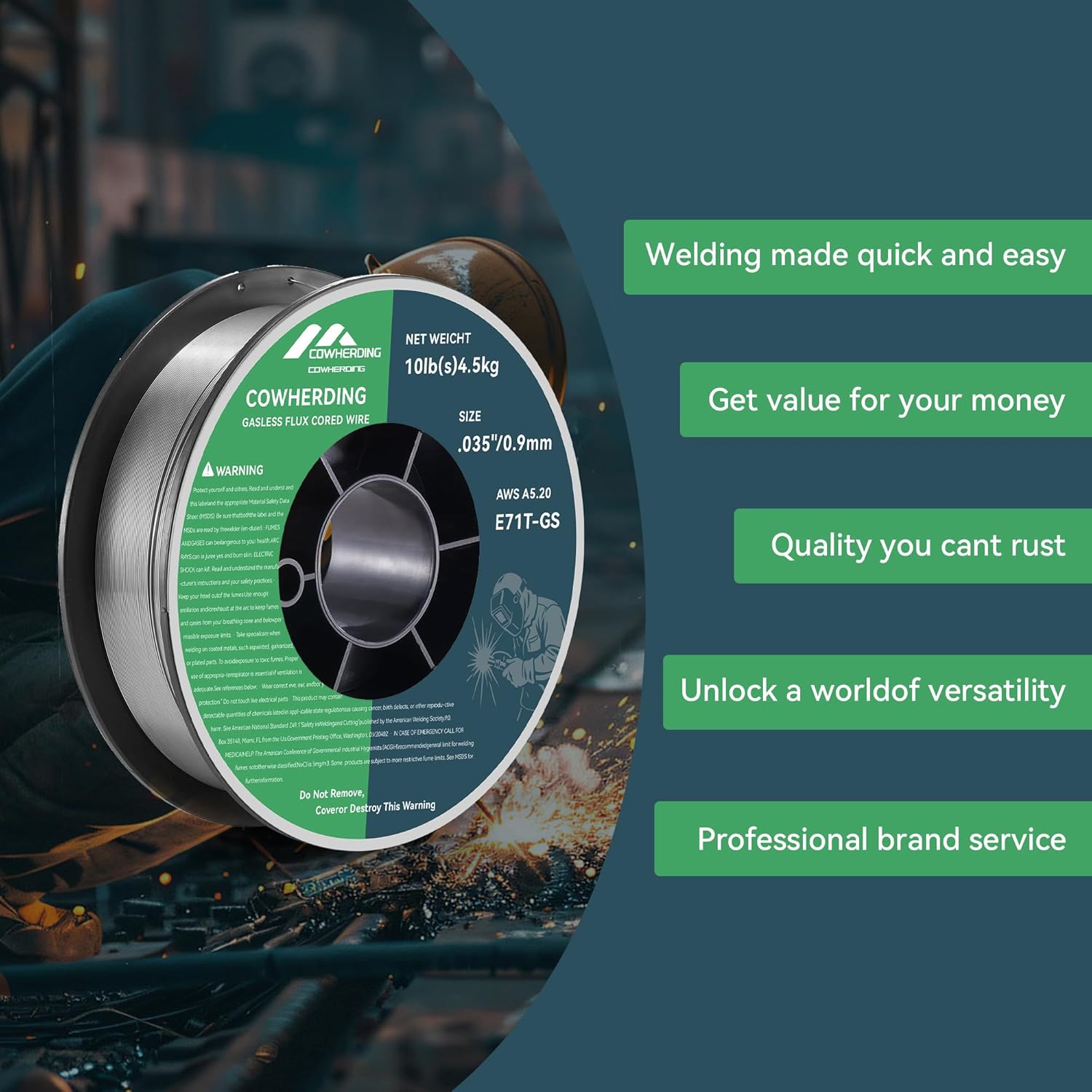 2-Pack Flux Core Gasless MIG Wire, 0.035" Diameter E71T-GS Mild Carbon Steel10-Pound (4.5kg) Low Splatter Flux Core Welding Wire, Strong ABS Plastic Spool Welding Wire, Less Splatter, Welds Cleaner
