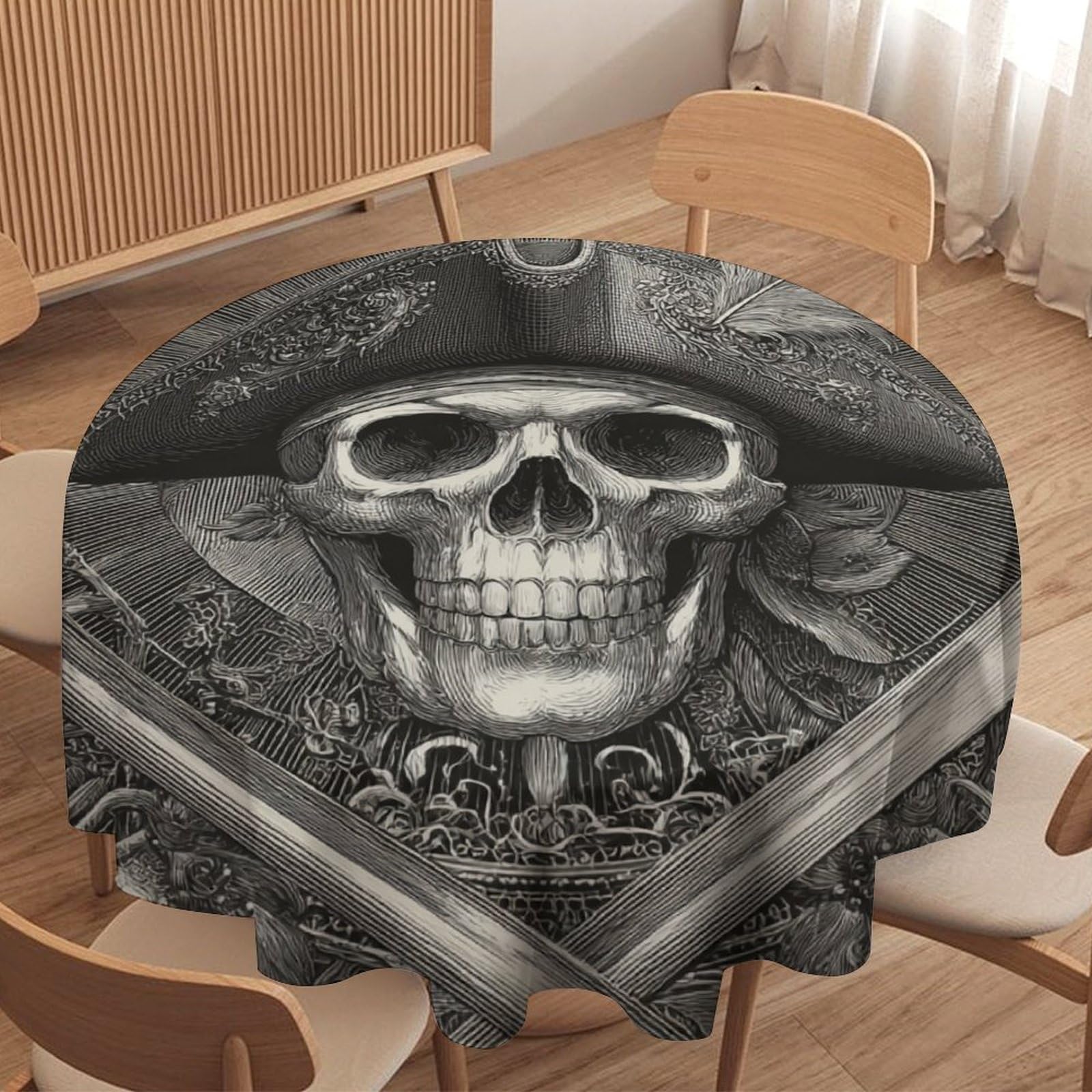 LUYYSKY Vintage Abstract Viking Skeleton Round Tablecloth Modern Mid Century Exotic Nordic Pirate Skull Skeleton Washable Decor for Table Cover for Kitchen-91.4" Wx91.4 L cm